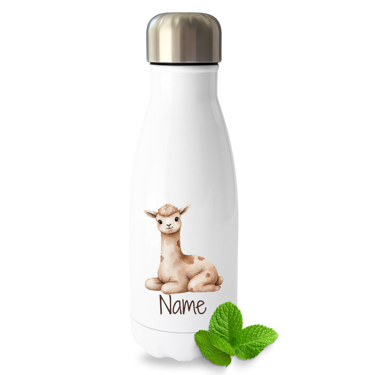 Weiße Thermoflasche mit Lamamotiv und Wunschname