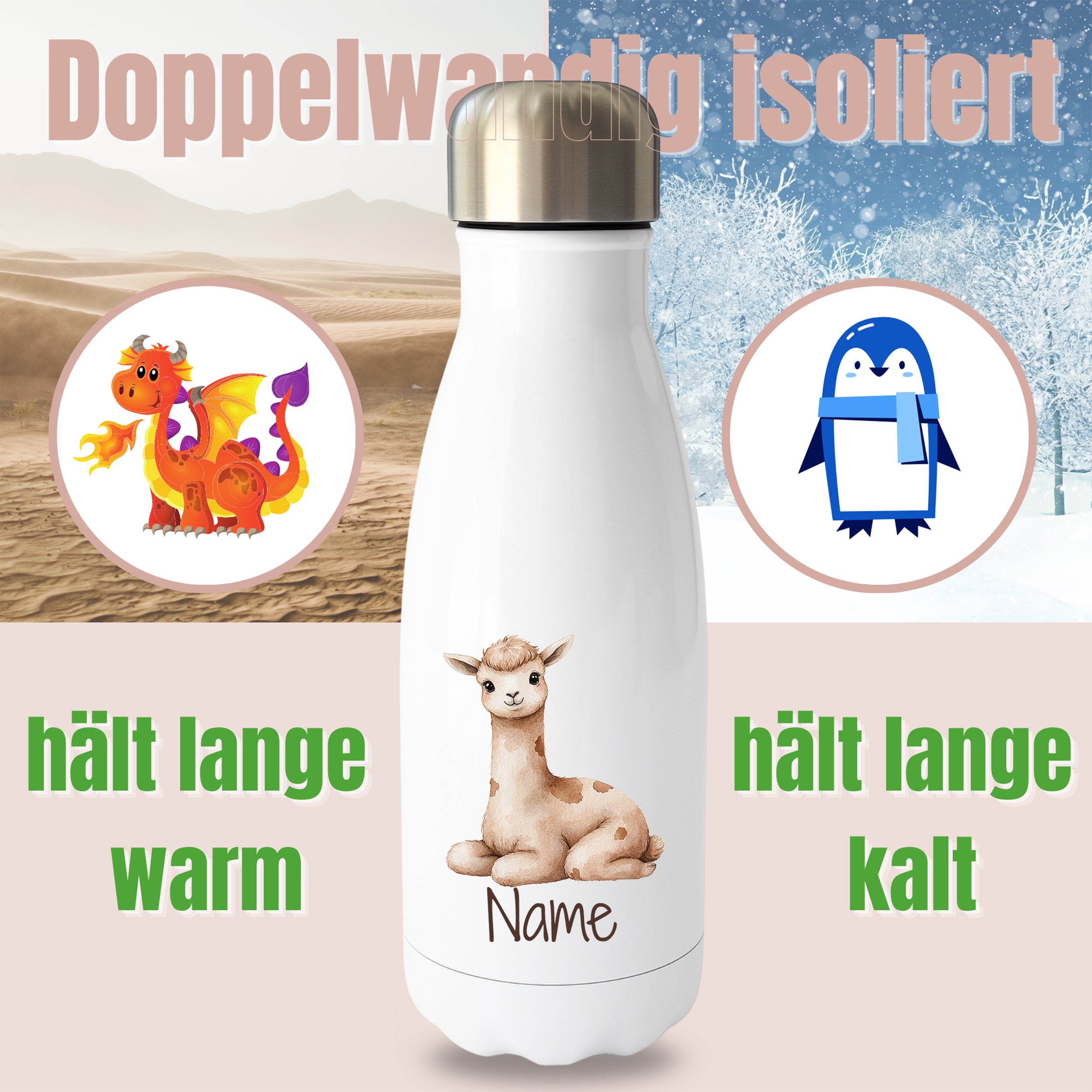 Weiße Thermoflasche mit Lamamotiv und Wunschname, Hinweis auf doppelwandige Isolierung