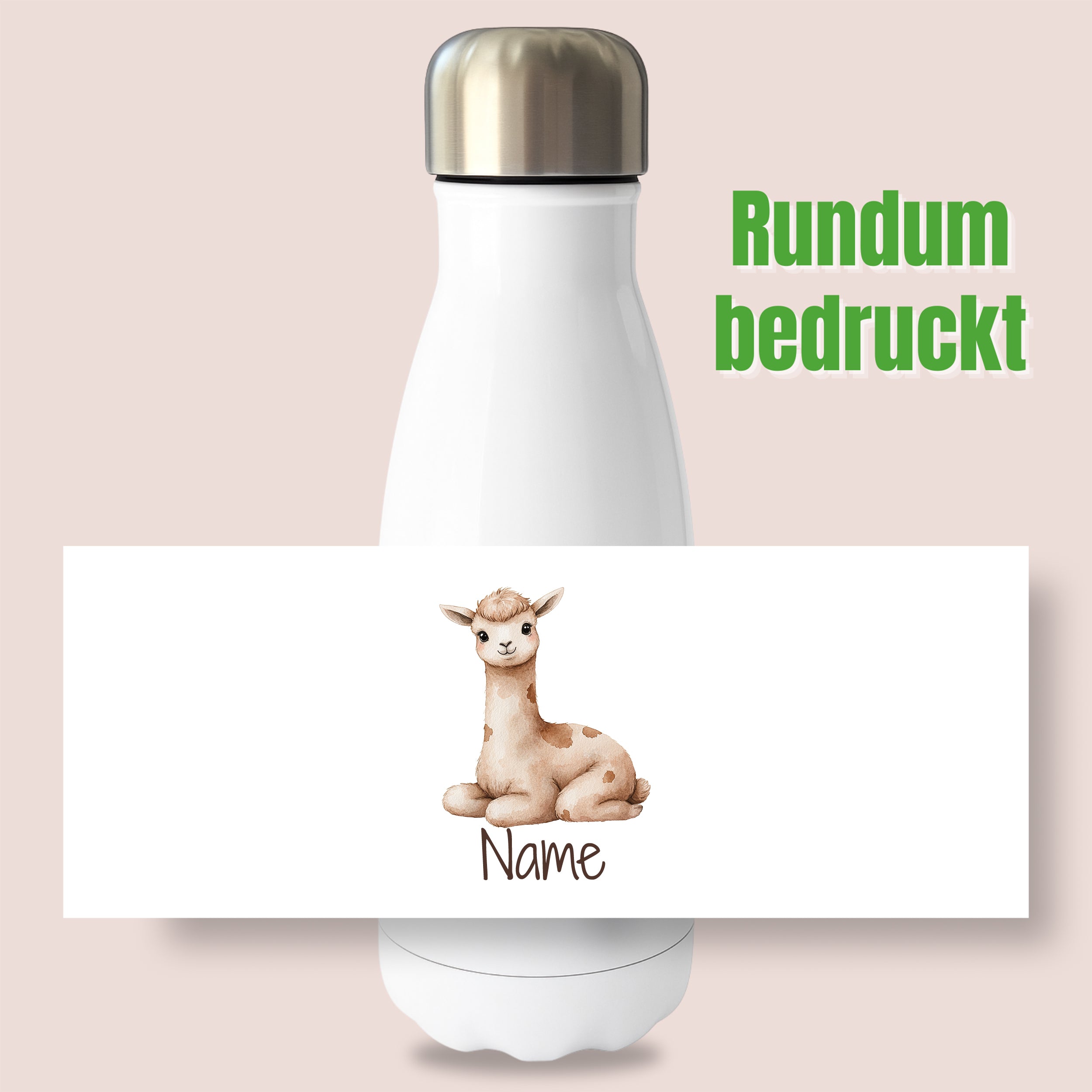 Thermoflasche mit Lamamotiv und Wunschname, Ansicht „Rundum bedruckt“