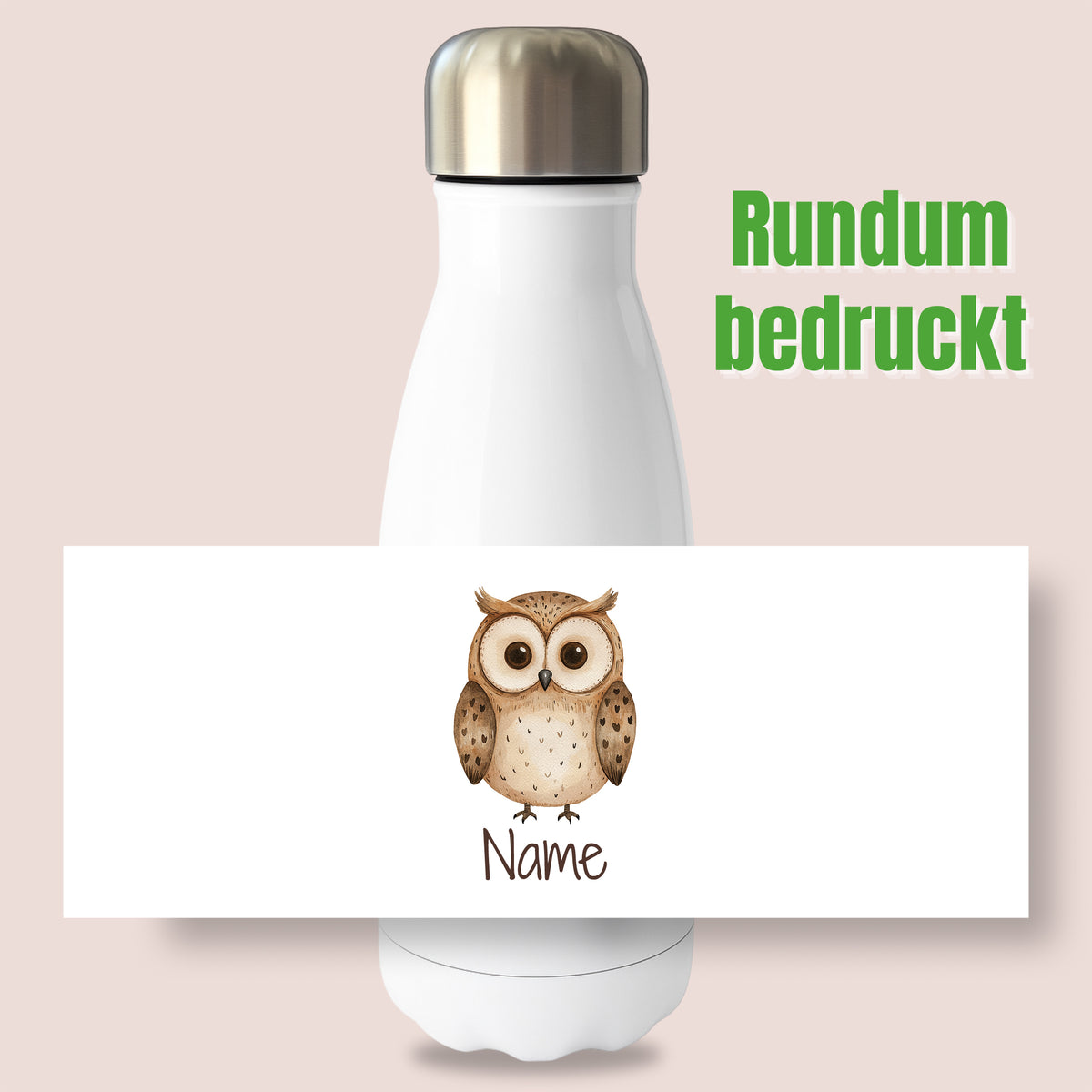 Thermoflasche mit Eulenmotiv und Wunschname, Ansicht „Rundum bedruckt“