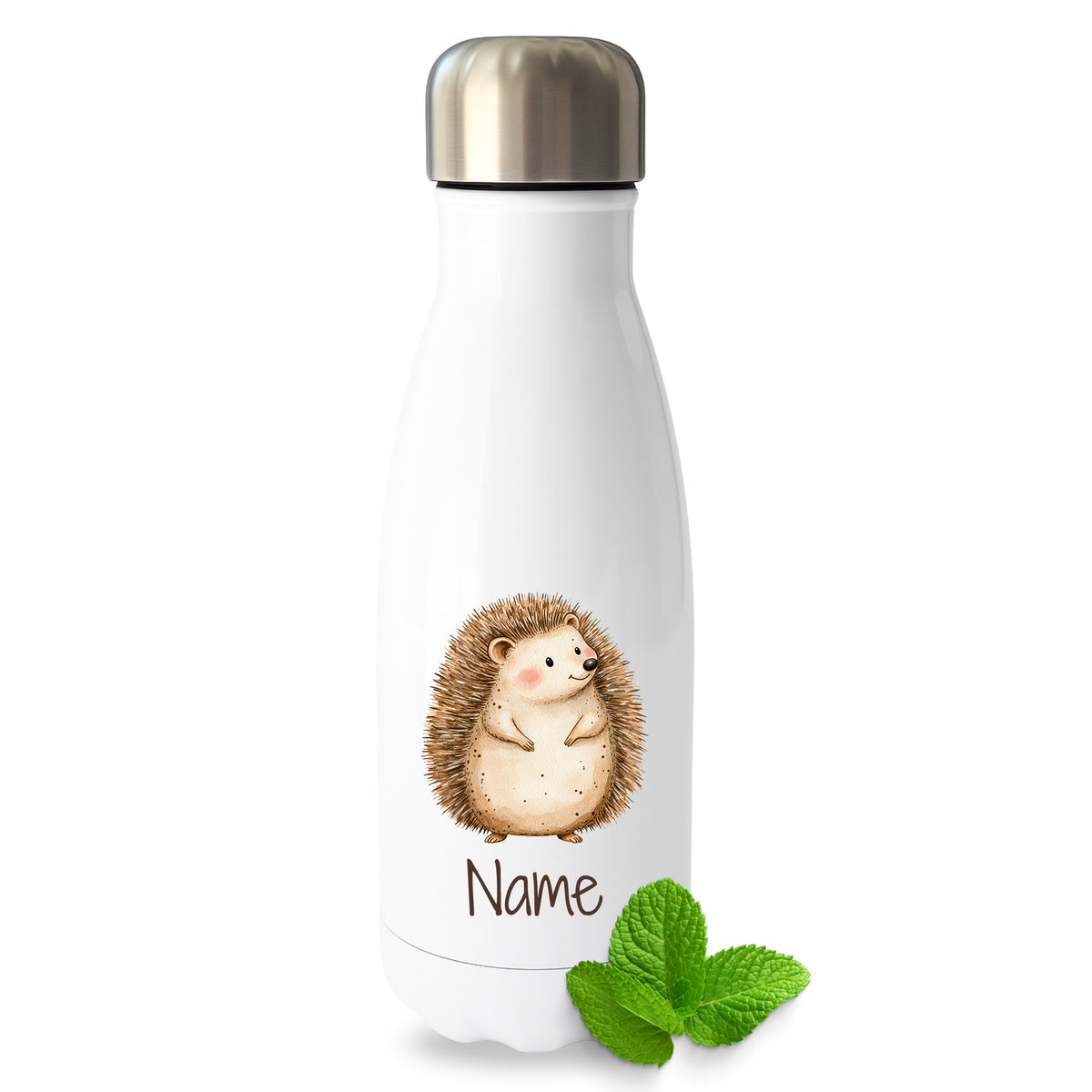 Weiße Thermoflasche mit Igelmotiv und Wunschname