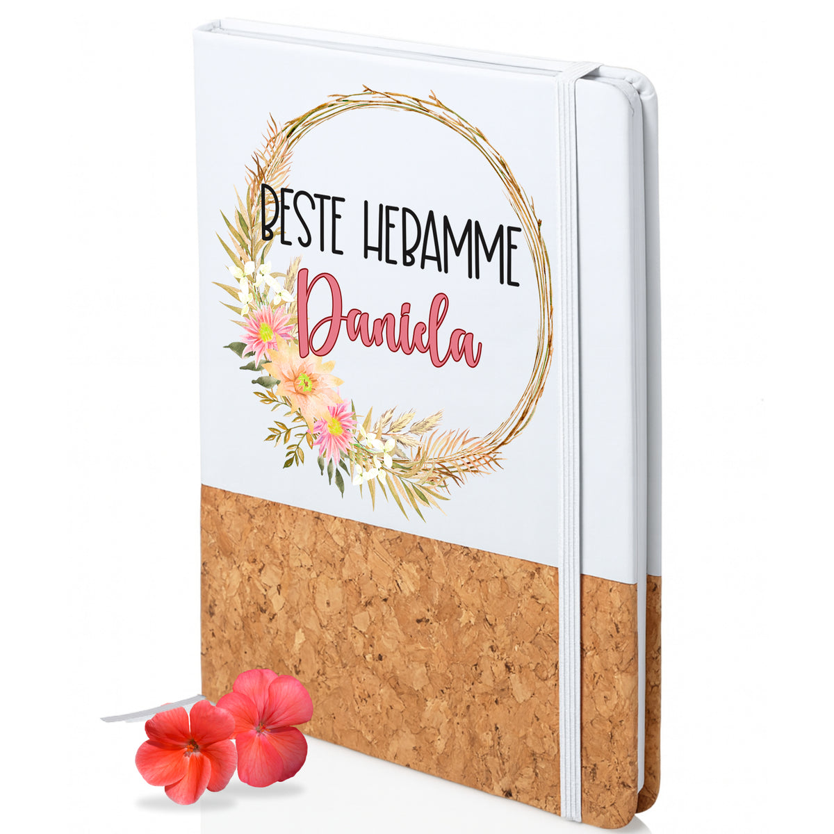 Notizbuch für Hebamme Daniela mit floralen Motiven.