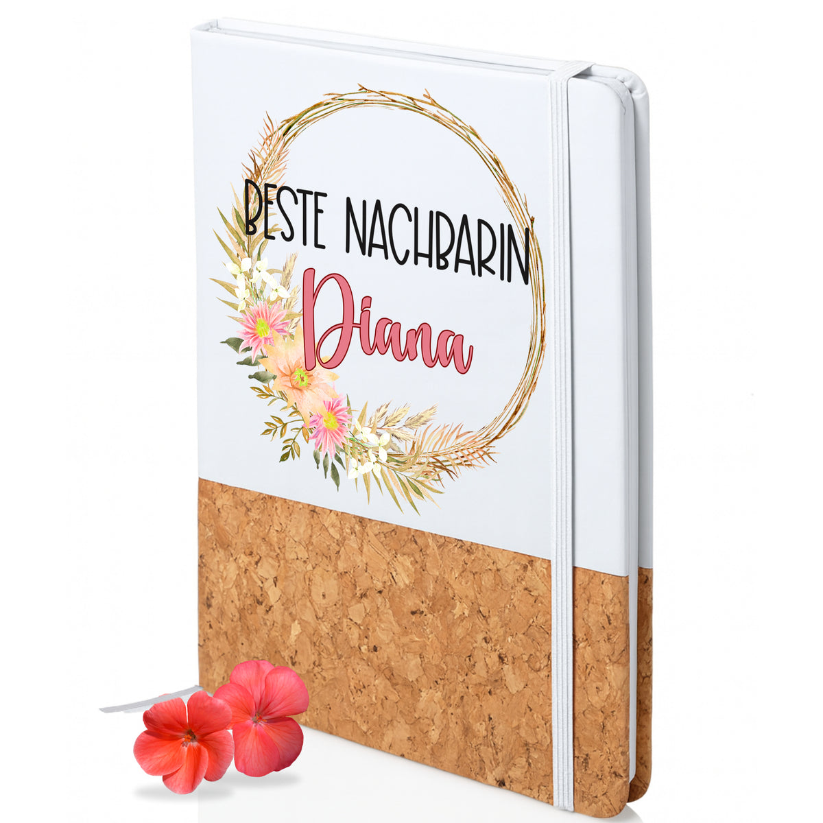 Notizbuch mit Korkboden, floraler Dekoration und personalisiertem Namen.