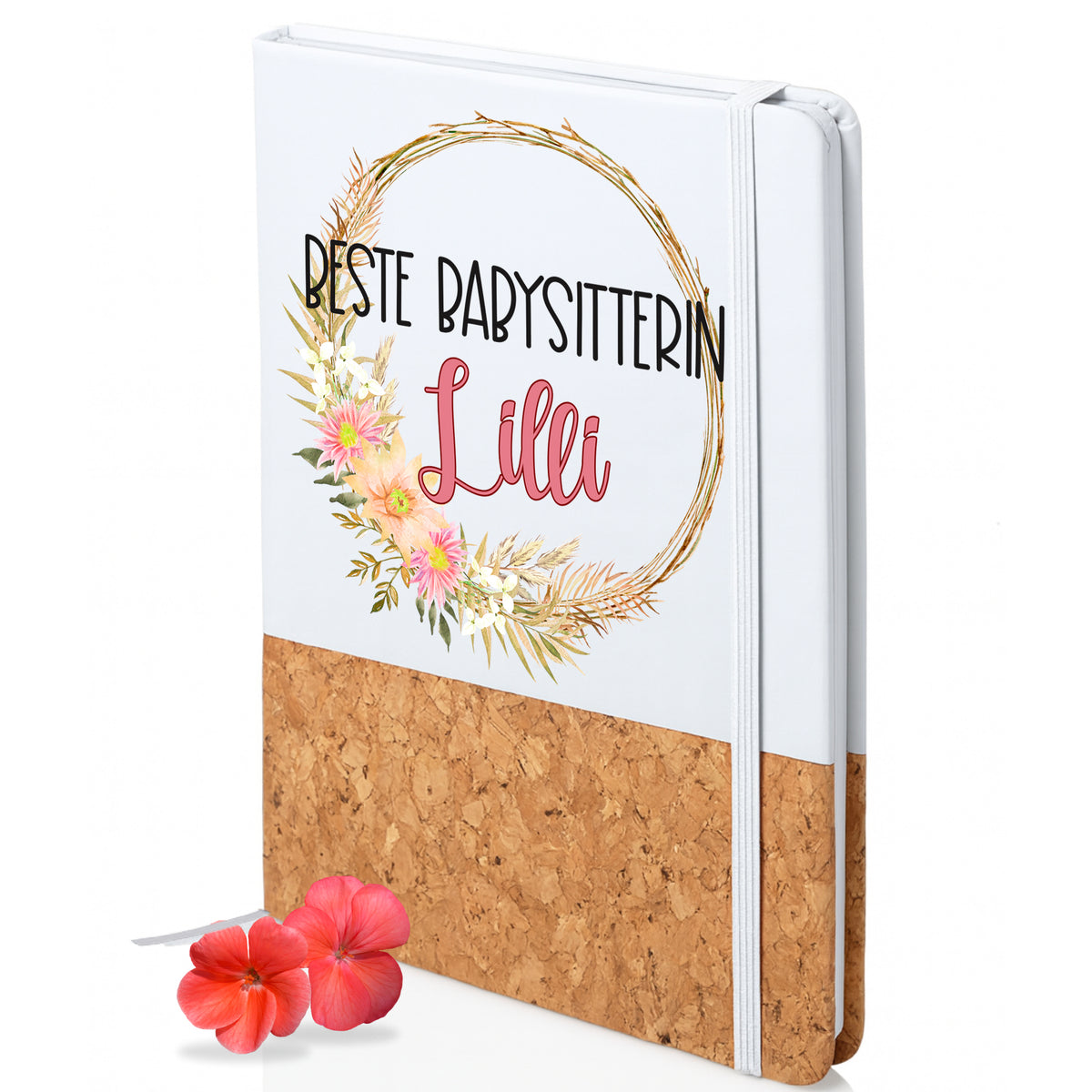 Notizbuch mit floralem Design, weiß und Kork, personalisiert.