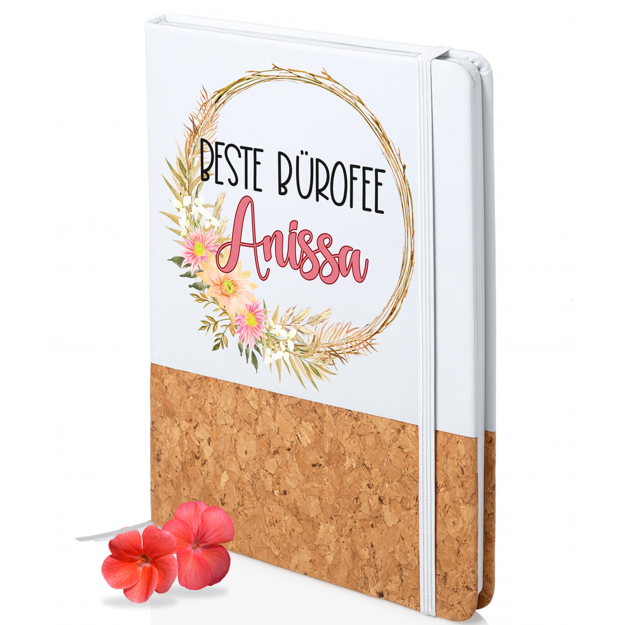 Notizbuch mit Korkboden, Blumenmotiv und personalisiertem Namen.