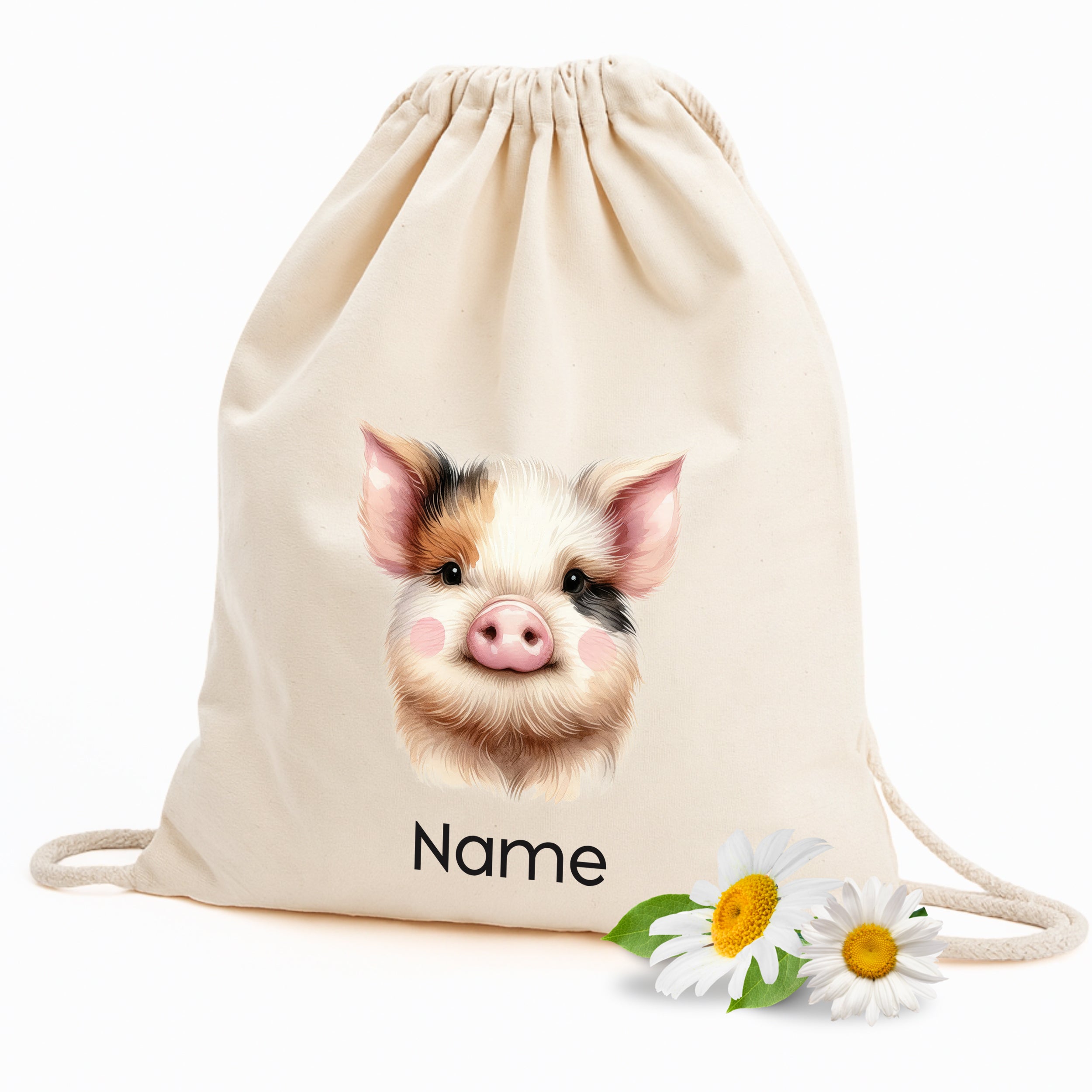 Beige Turnbeutel mit Schwein-Motiv und personalisierbarem Namen.