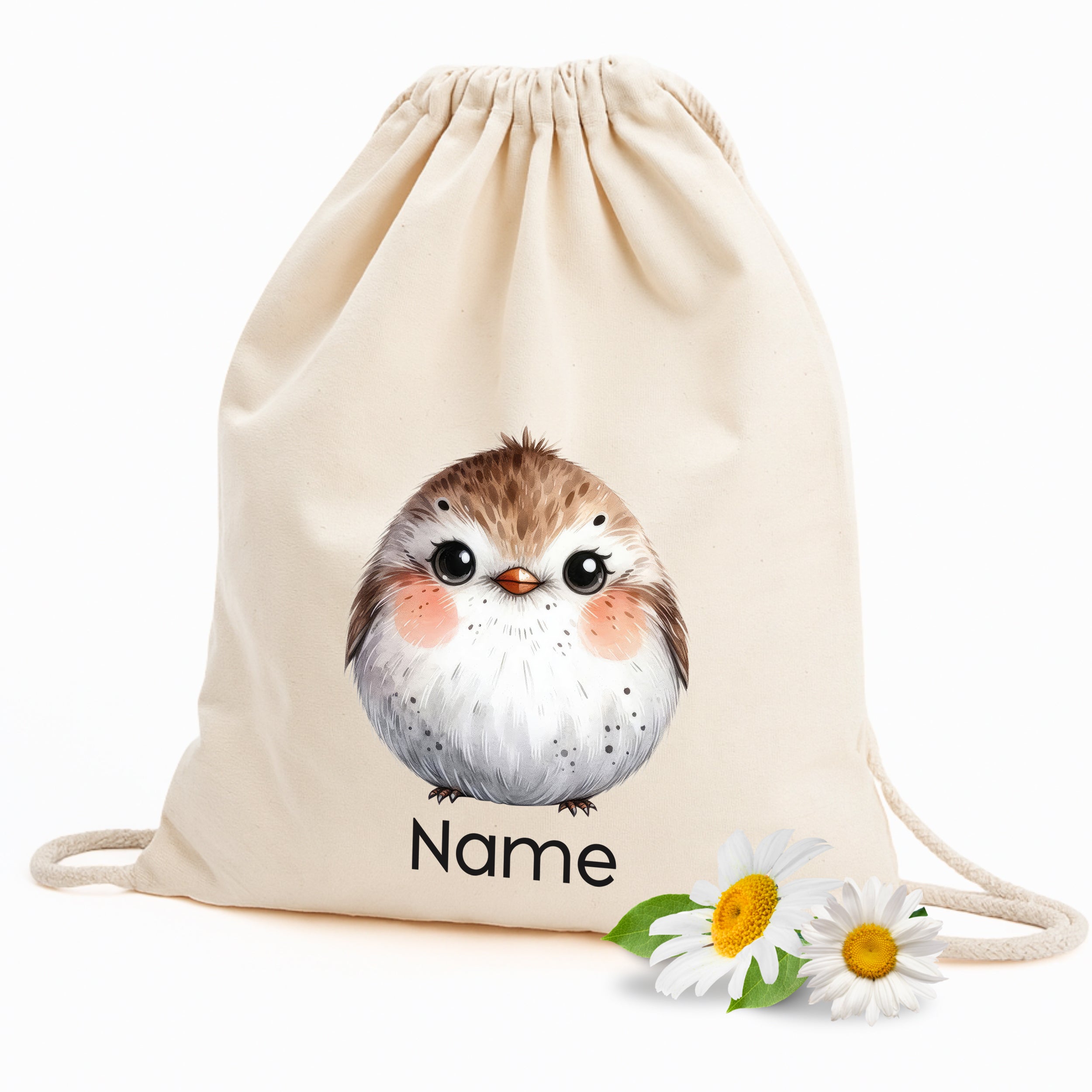 Beige Turnbeutel mit niedlichem Vogelmotiv und personalisierbarem Namen.