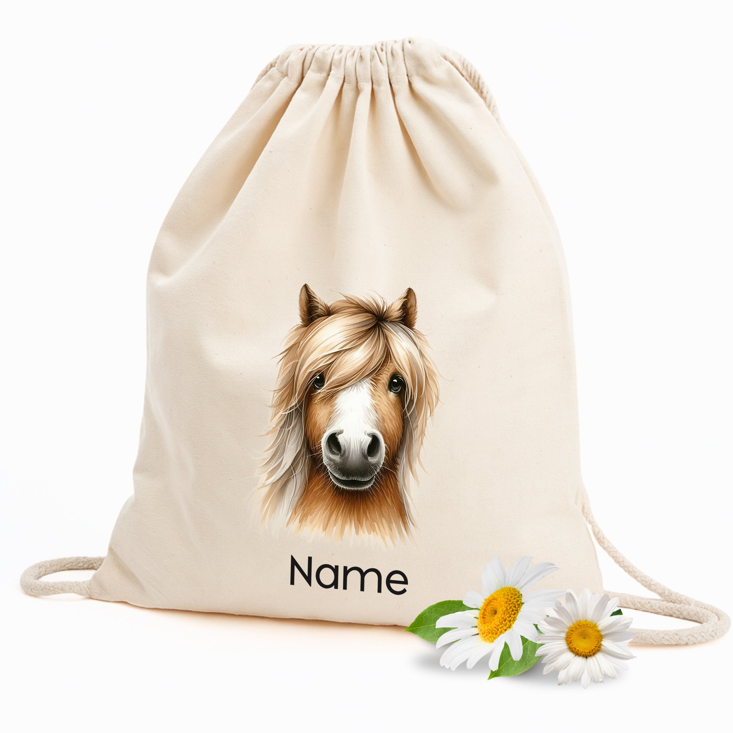 Beige Turnbeutel mit Pferdegesicht und personalisierbarem Namen.