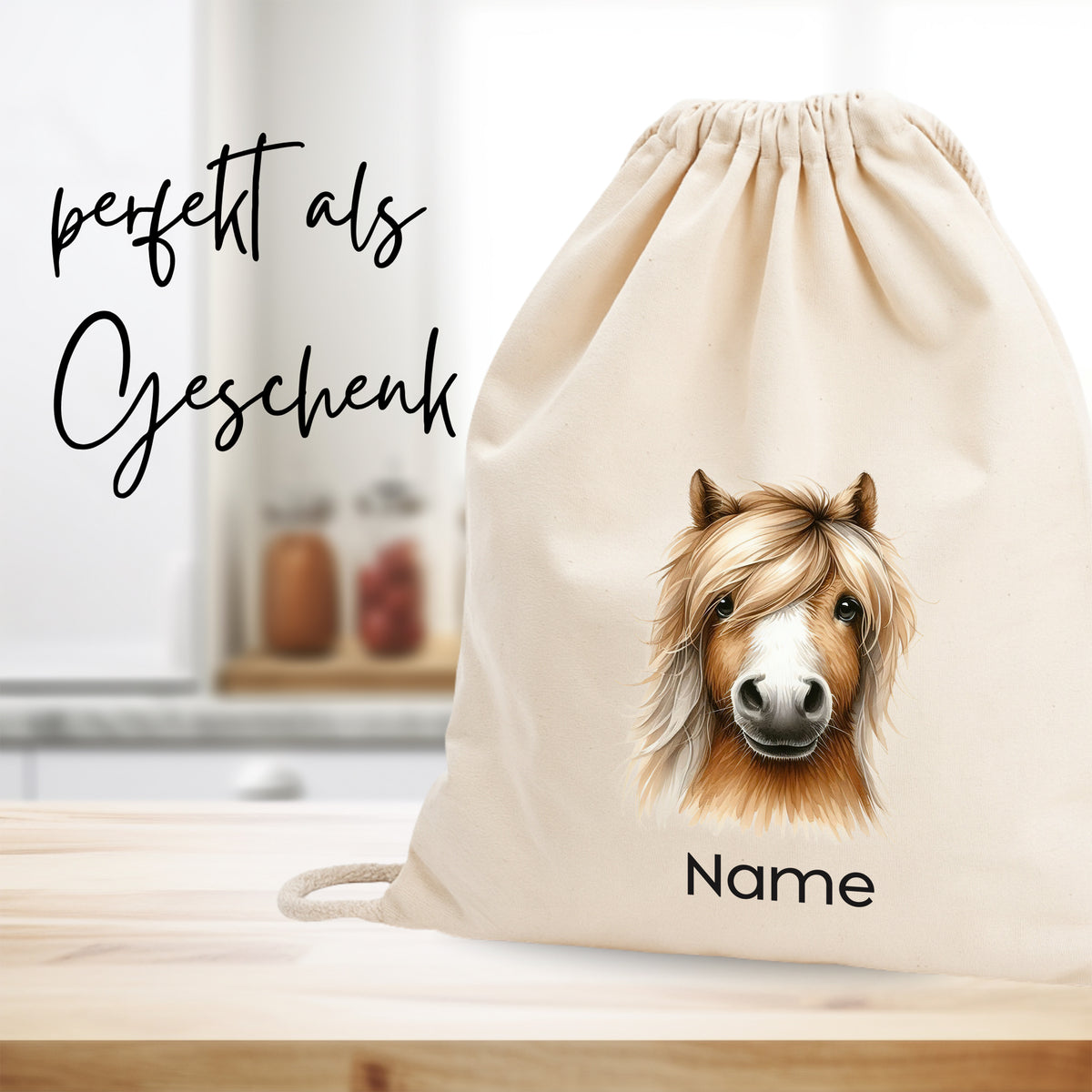 Beige Beutel mit Pferdeillustration und personalisierbarem Namen.