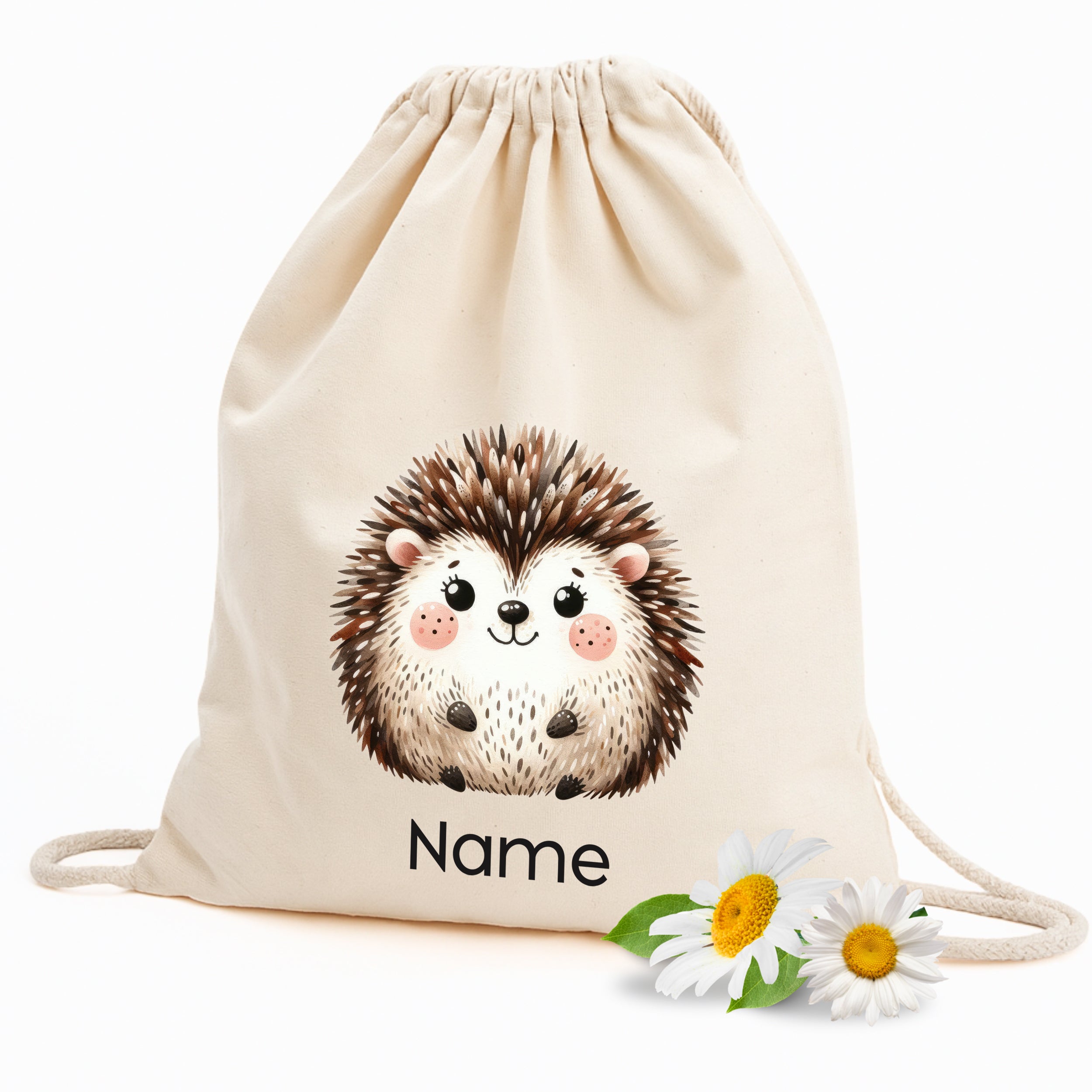 Beige Turnbeutel mit Igel-Motiv und personalisierbarem Namen.