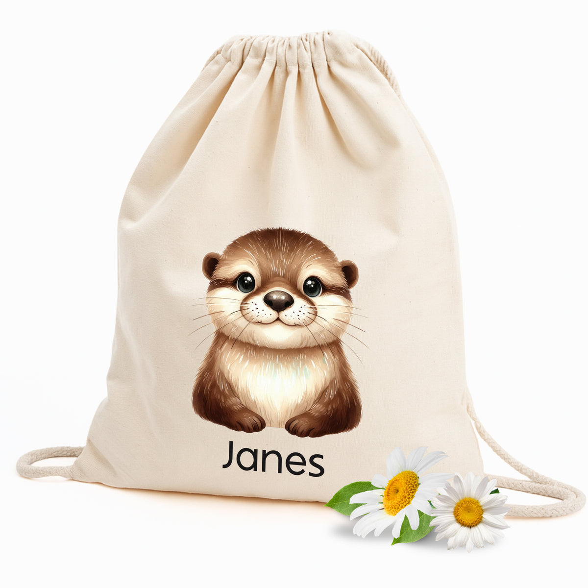 Beige Turnbeutel mit Otter-Motiv und Namen "Janes".