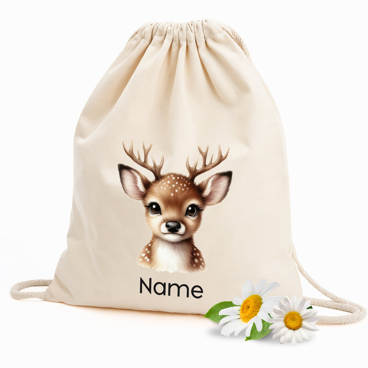 Beige Turnbeutel mit Rehkitz-Motiv und personalisierbarem Namen.