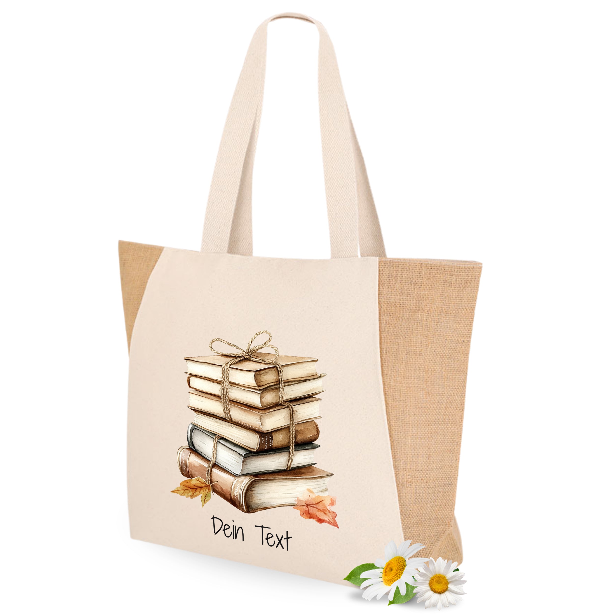 Beige Stofftasche mit Bücher-Illustration und personalisiertem Text.