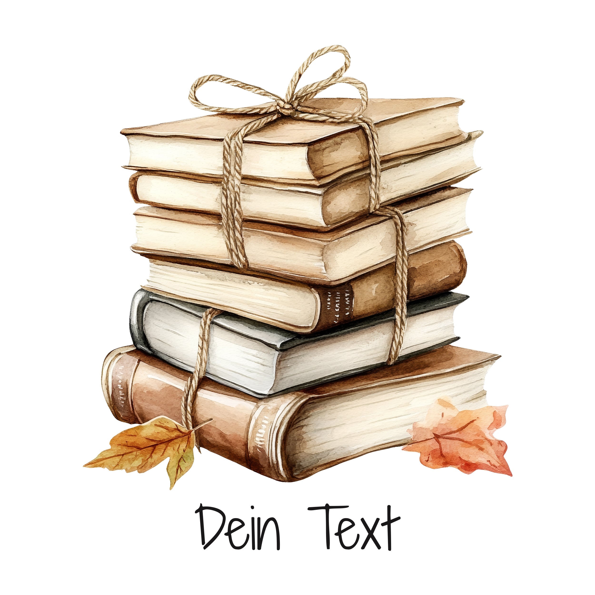 Stapel von Büchern in neutralen Farben mit Herbstblättern.