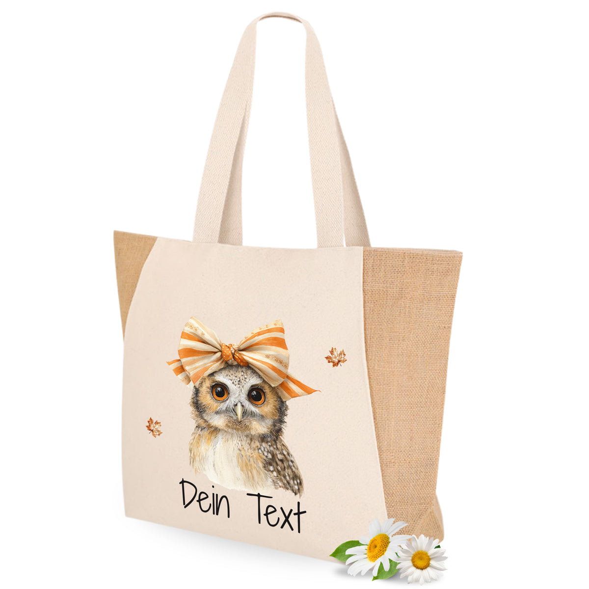 Beige Stofftasche mit Eule und Schleife, personalisierbar.