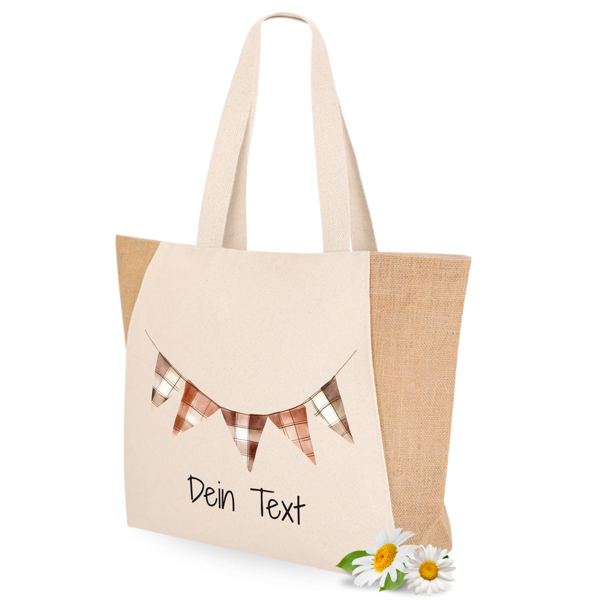 Beige Tragetasche mit kariertem Banner und personalisierbarem Text.