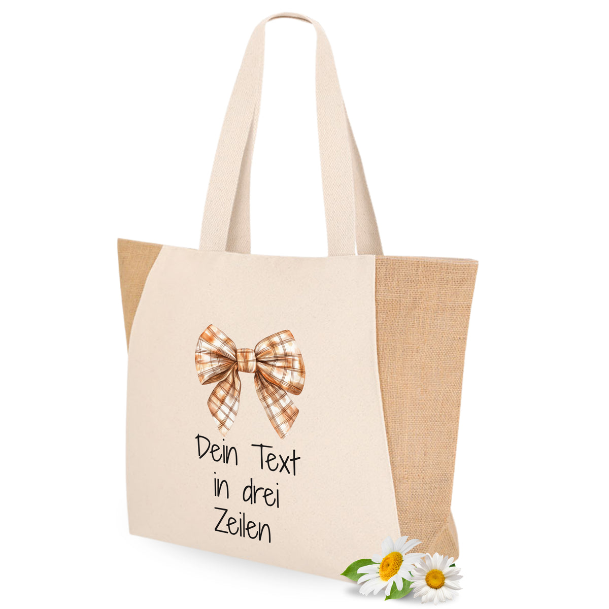 Beige Stofftasche mit Karoband und personalisierbarem Text.