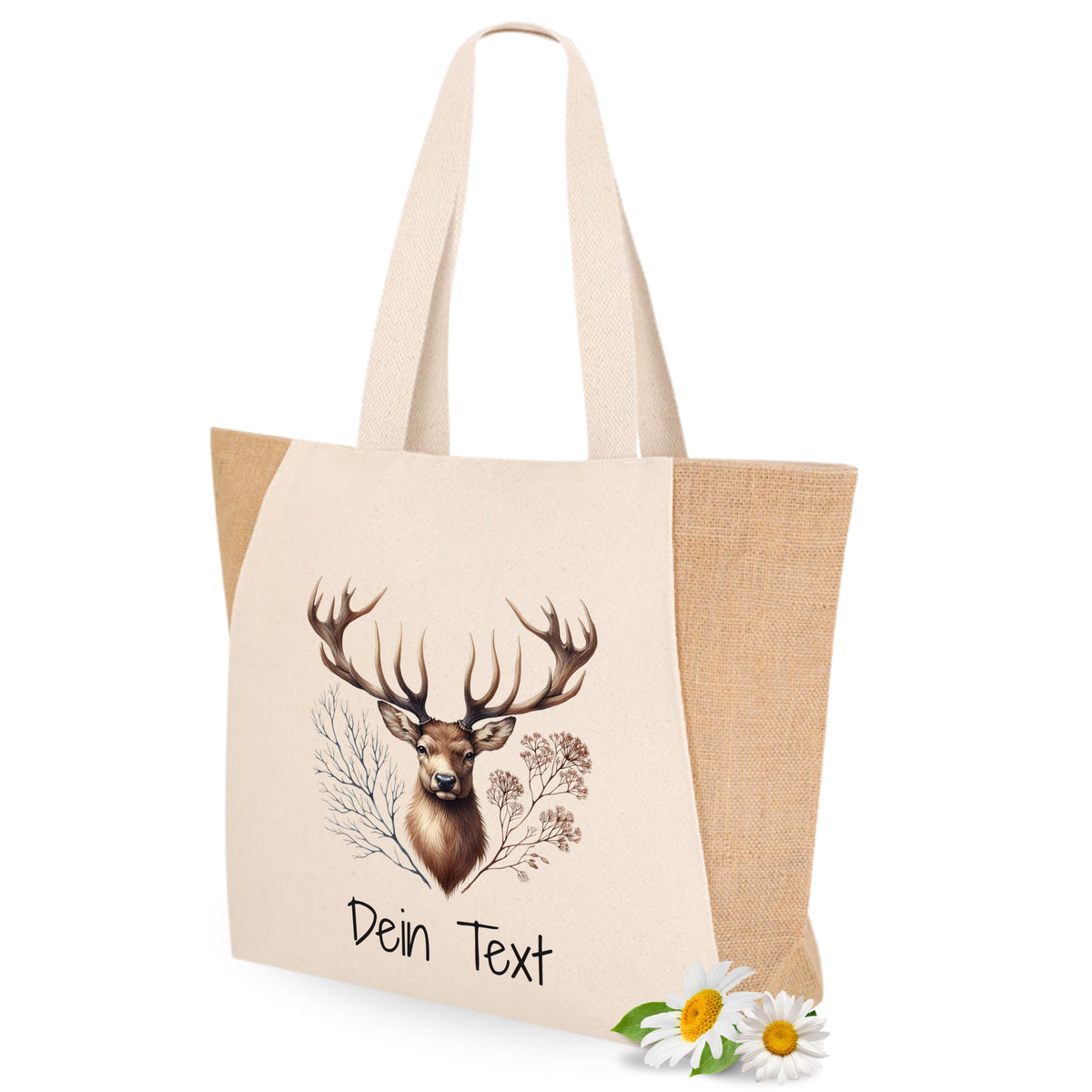 Beige Tragetasche mit Hirschmotiv und personalisiertem Text.