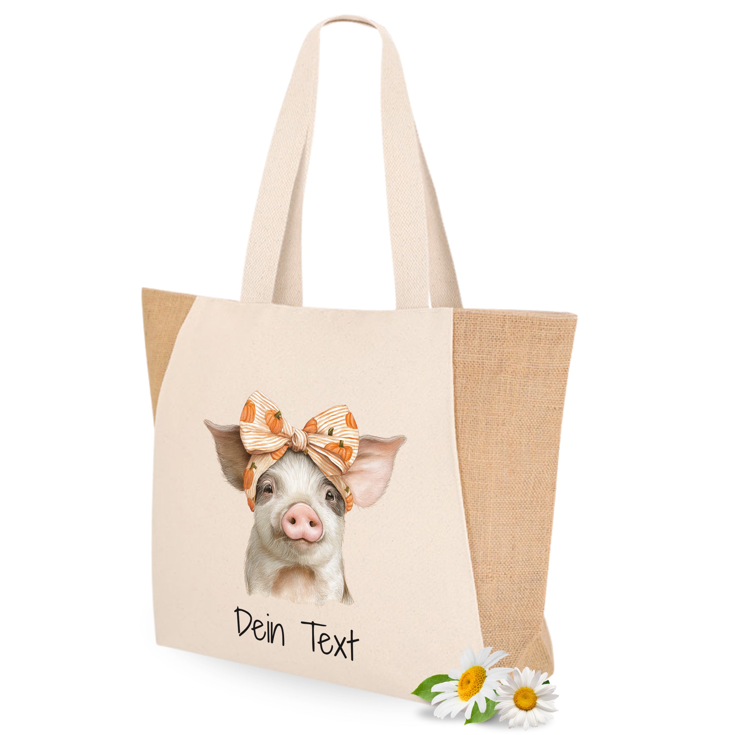 Beige Tragetasche mit Schweinmotiv und personalisierbarem Text.