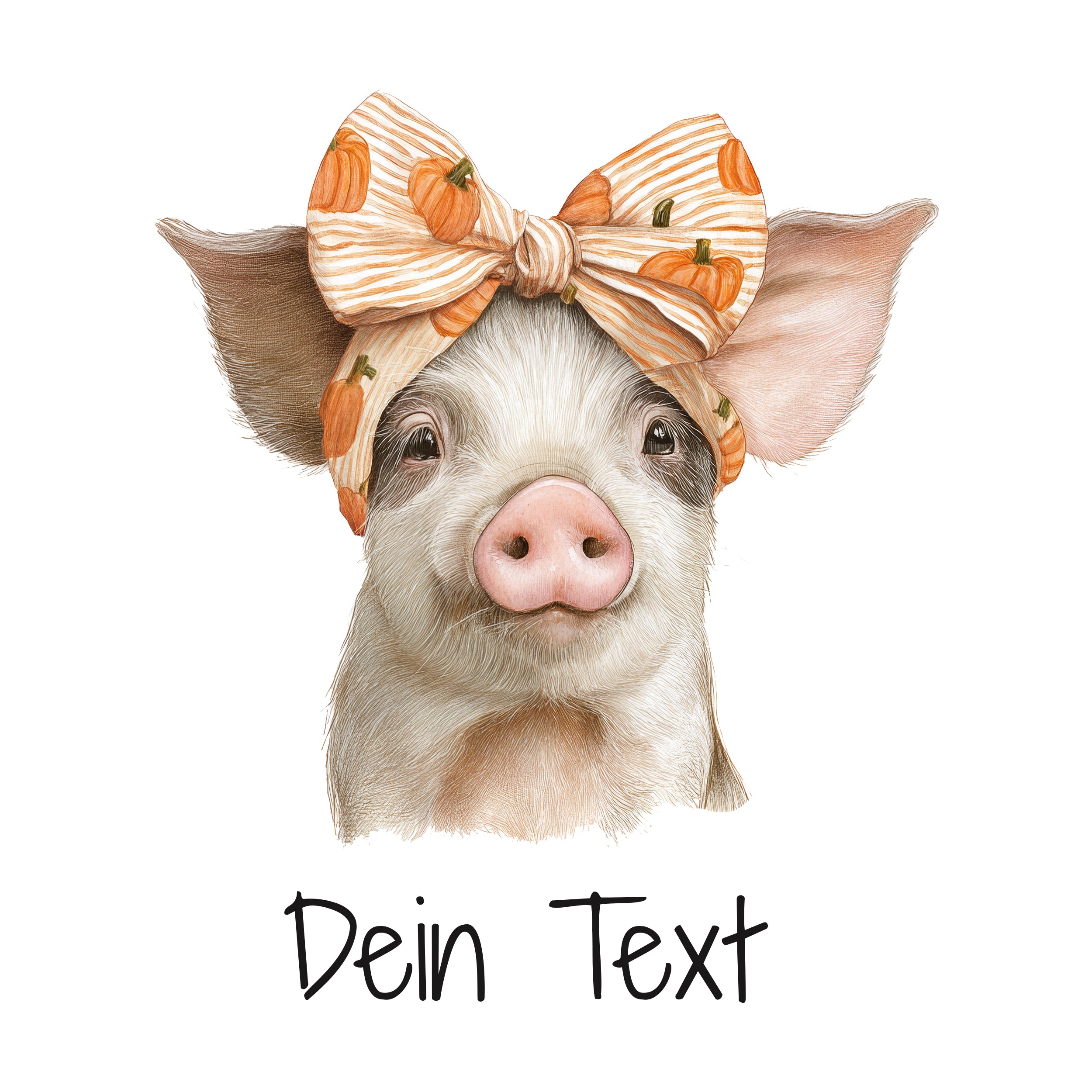 Schwein mit orangefarbenem Haarband und Kürbis-Muster.