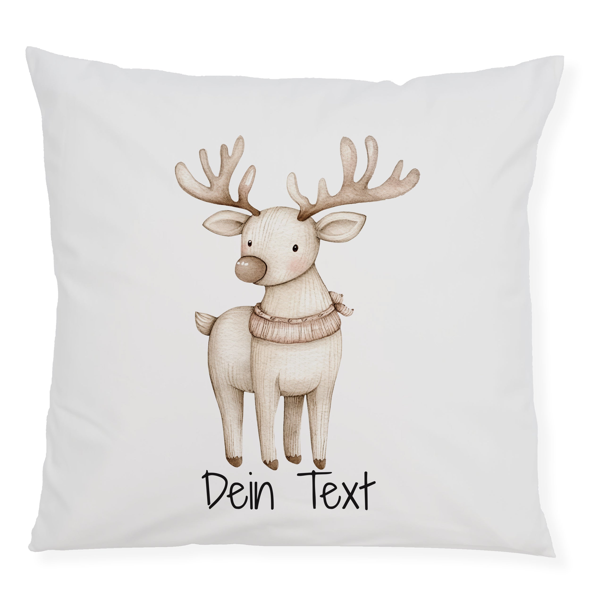 Kissen mit niedlichem Rentier-Design und personalisierbarem Text.