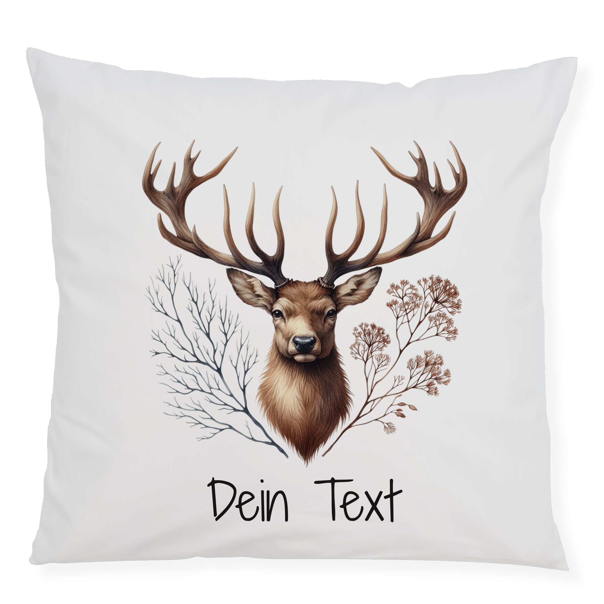 Kissen mit Hirschmotiv und personalisierbarem Text.
