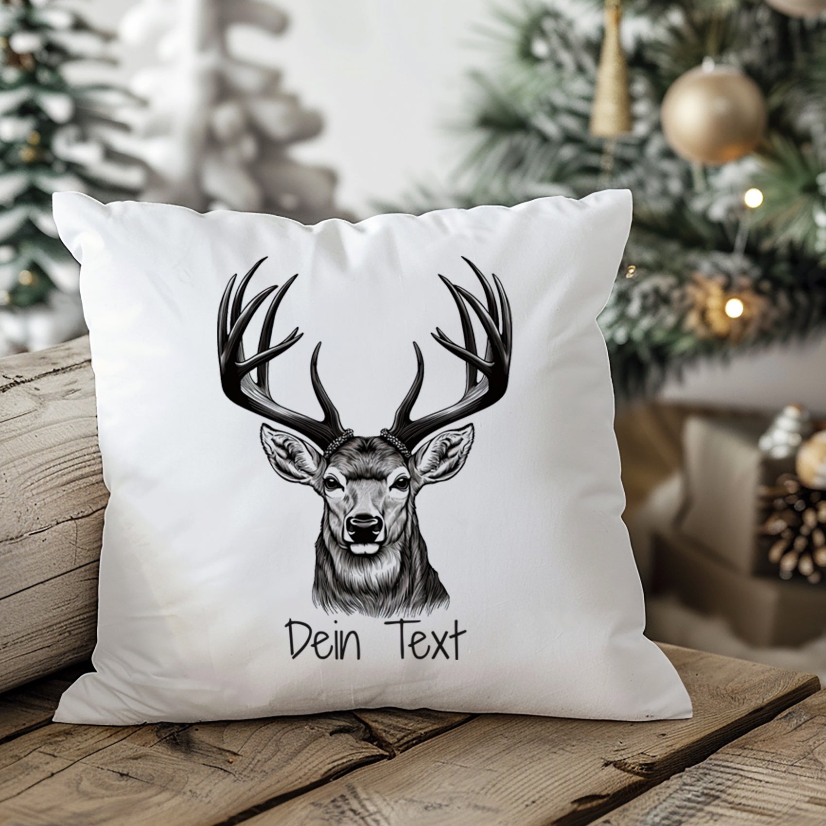 Kissen mit Hirschmotiv und personalisierbarem Text.