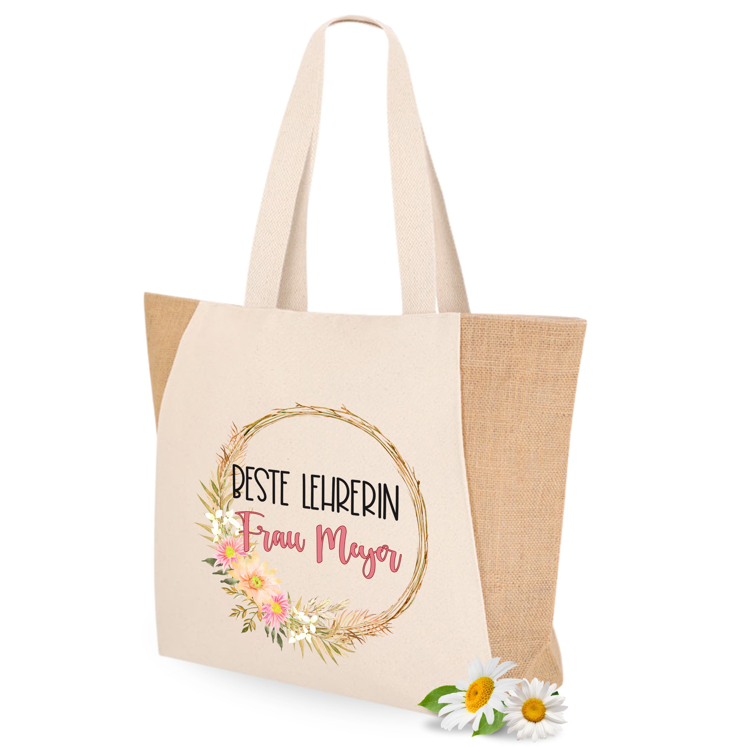 Beige Stofftasche mit Aufschrift "Beste Lehrerin" und Blumenmotiv.