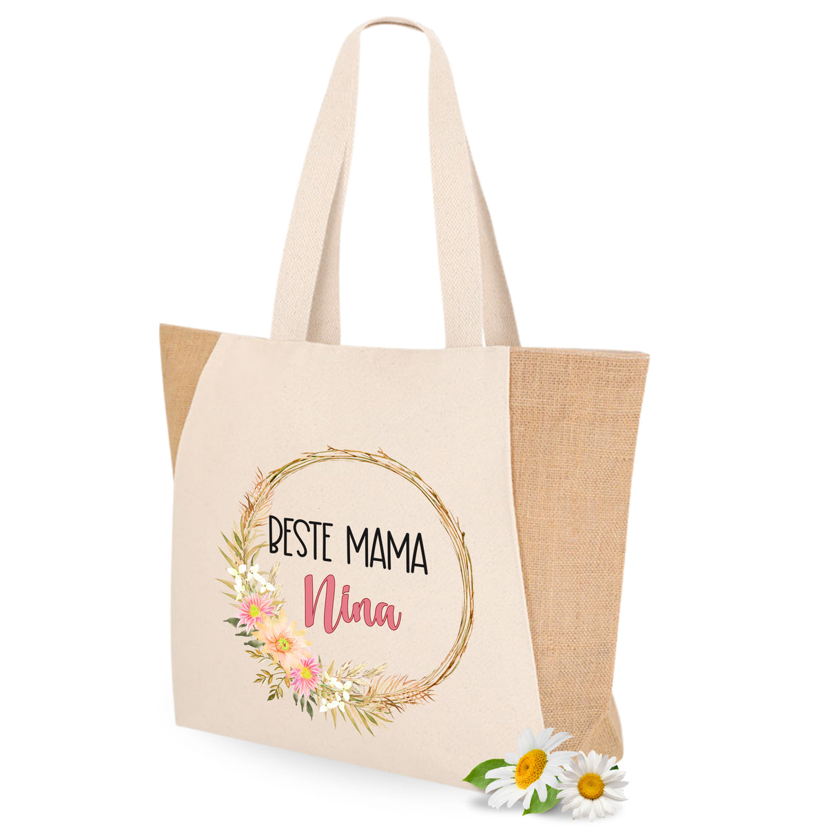 Beige Baumwolltasche mit floralem Design und Aufschrift „Beste Mama Nina“.