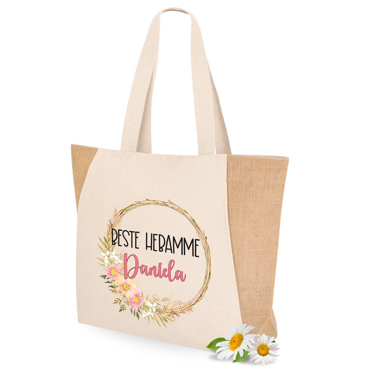 Beige Jutetasche mit floralem Design und personalisiertem Namen.