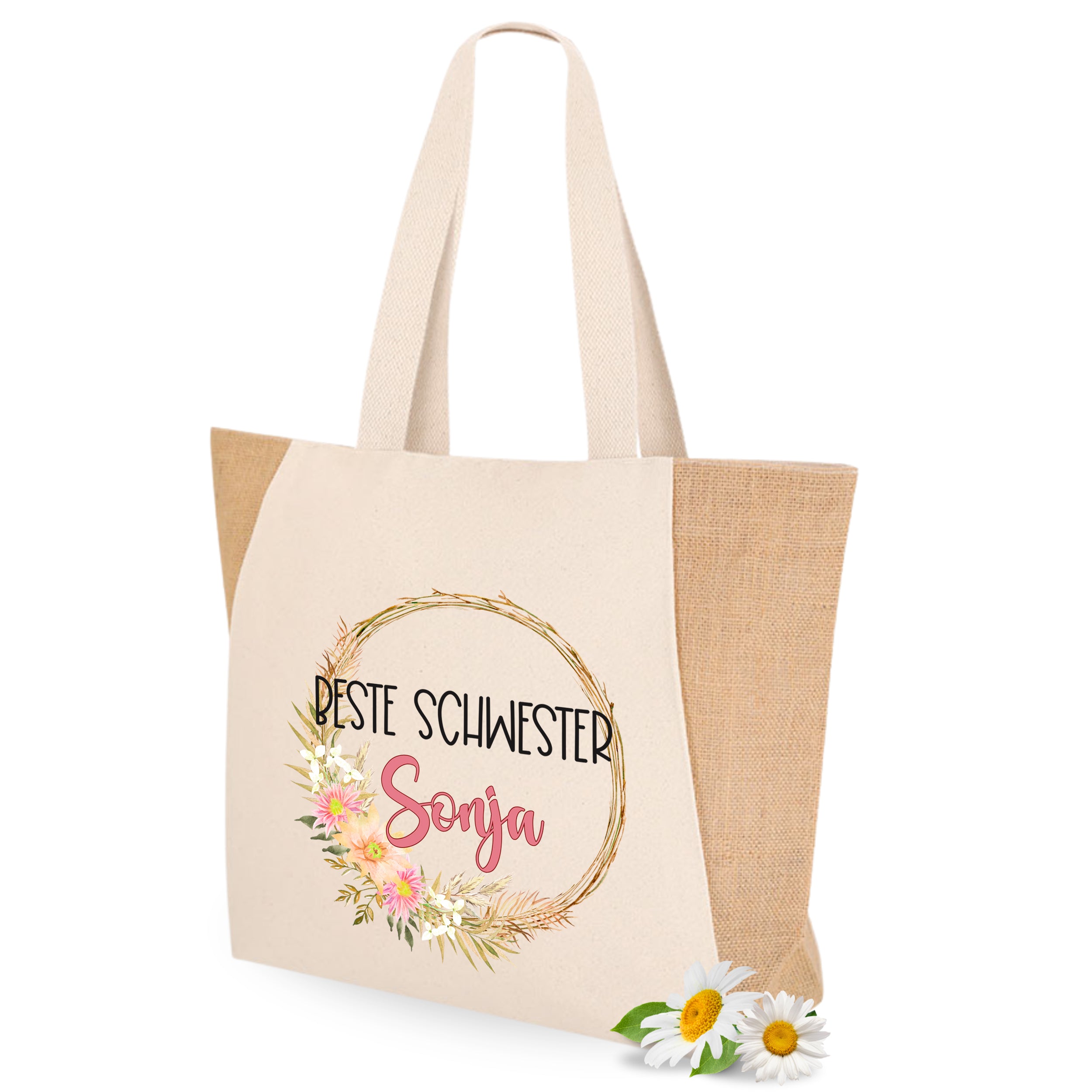 Beige Baumwolltasche mit floralem Design und Schriftzug "Beste Schwester Sonja".