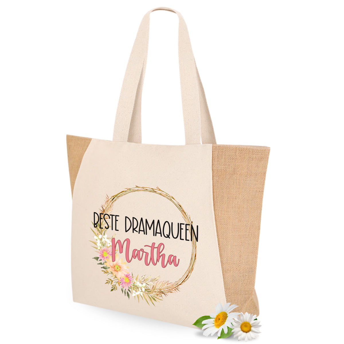 Beige Tragetasche mit floralem Design und Schriftzug "Beste Dramaqueen Martha".
