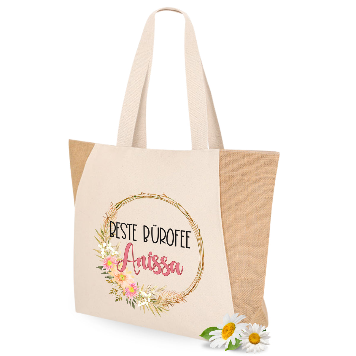 Beige Tragetasche mit floralem Design und personalisiertem Namen.