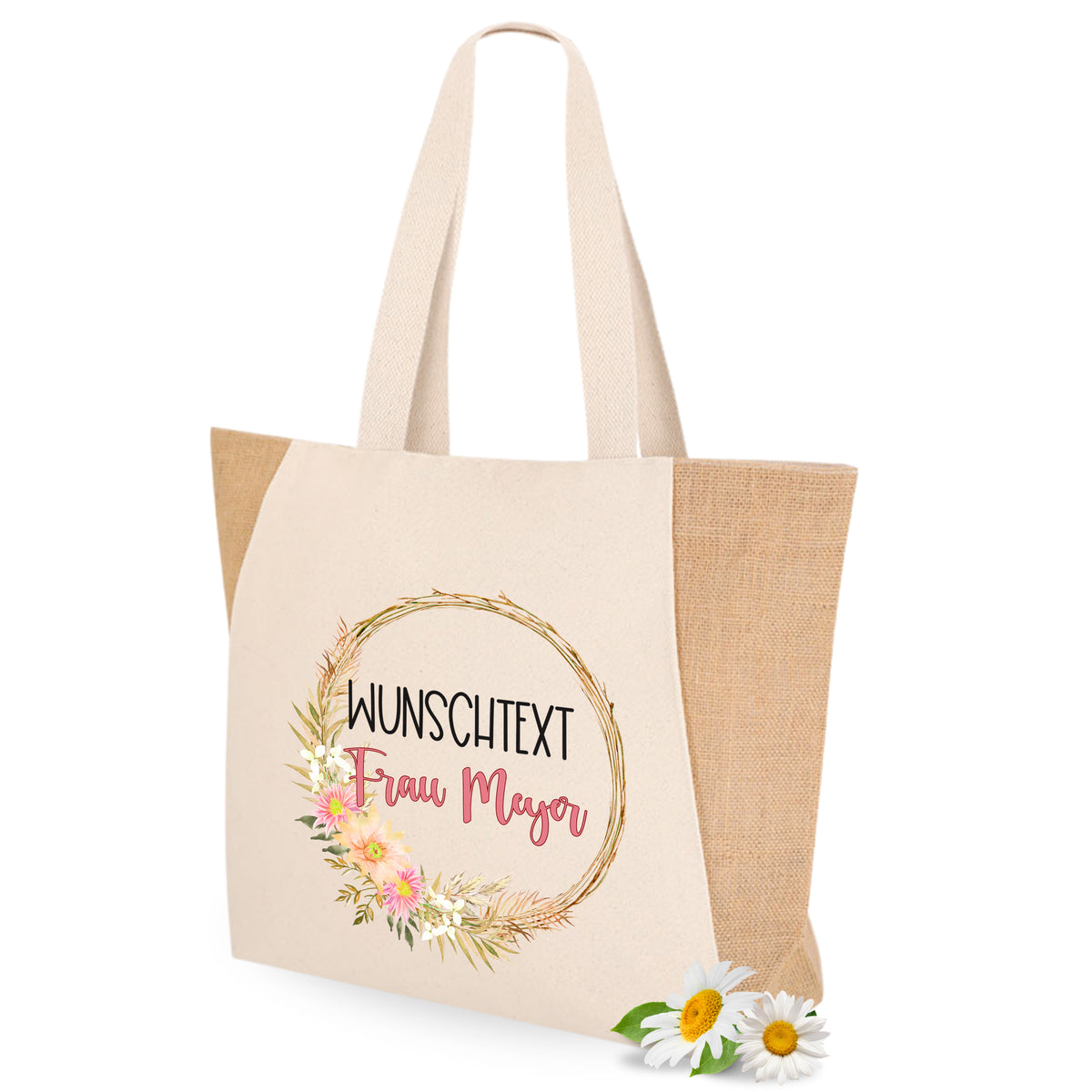 Beige Tragetasche mit floralem Design und Wunschtext.