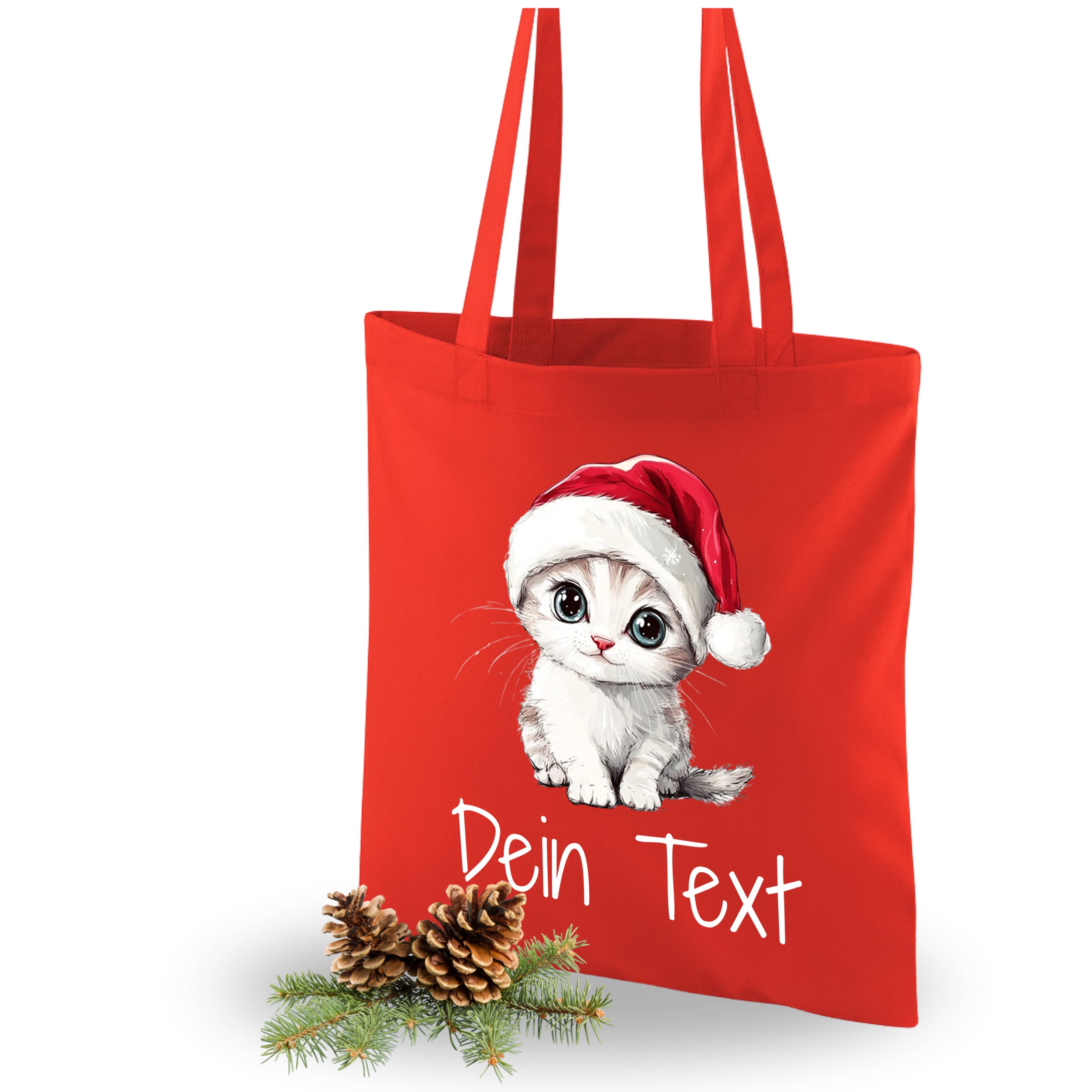 Rote Tasche mit niedlichem Kätzchen im Weihnachtsmannhut.