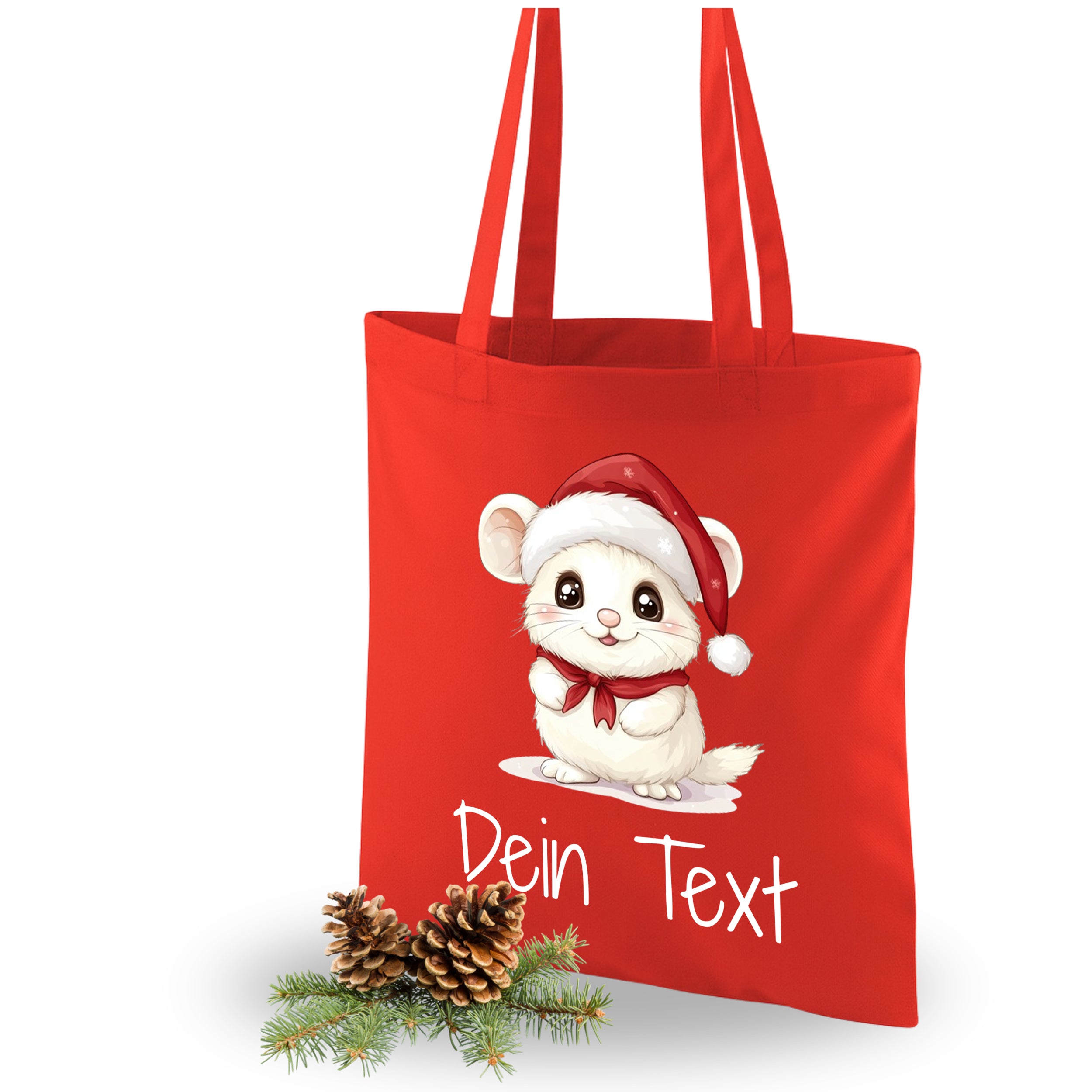 Rote Stofftasche mit niedlichem Weihnachtsmäuschen und personalisiertem Text.