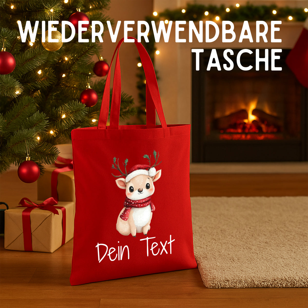 Wiederverwendbare rote Tasche mit niedlichem Rentier-Motiv.