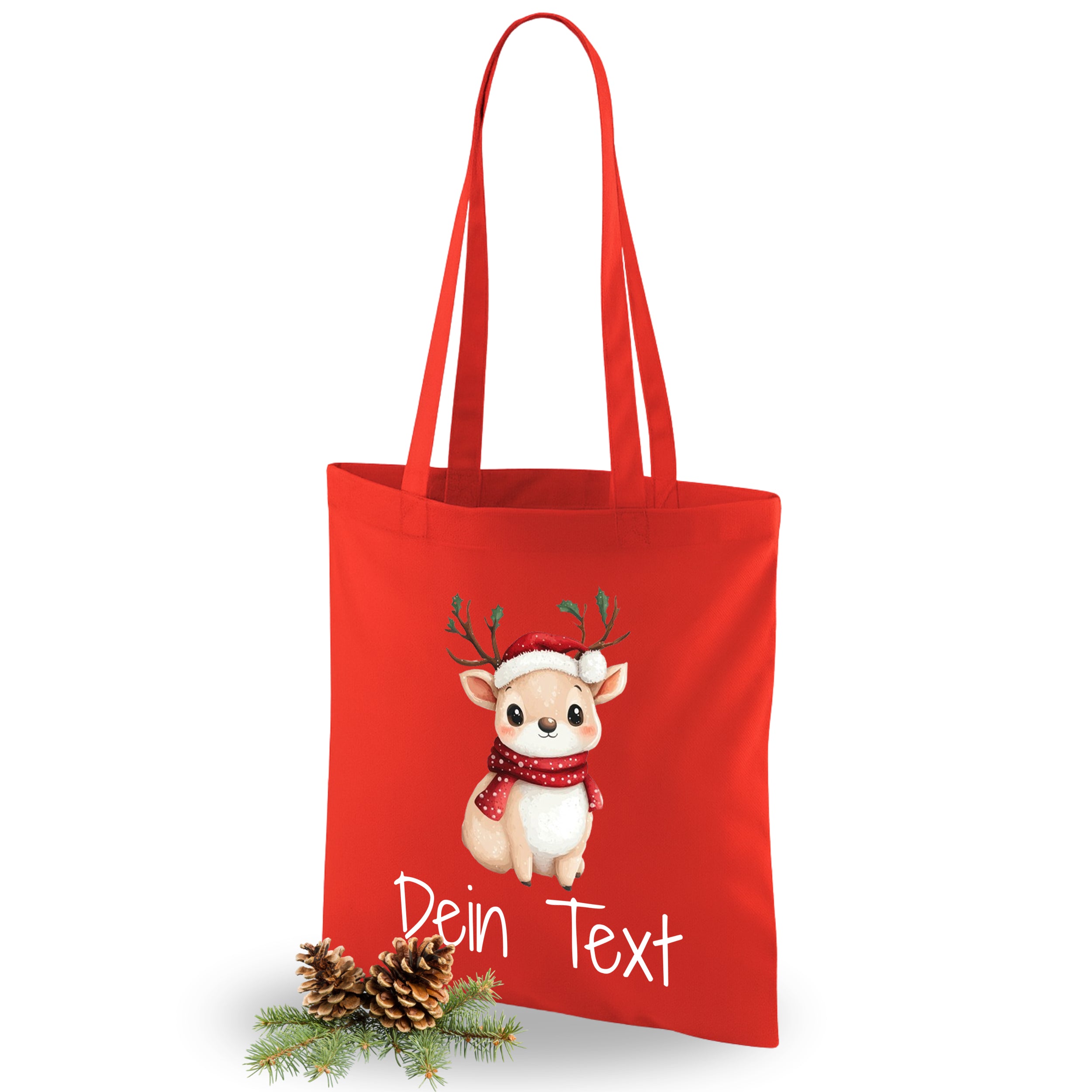 Rote Tragetasche mit niedlichem Rentier und personalisierbarem Text