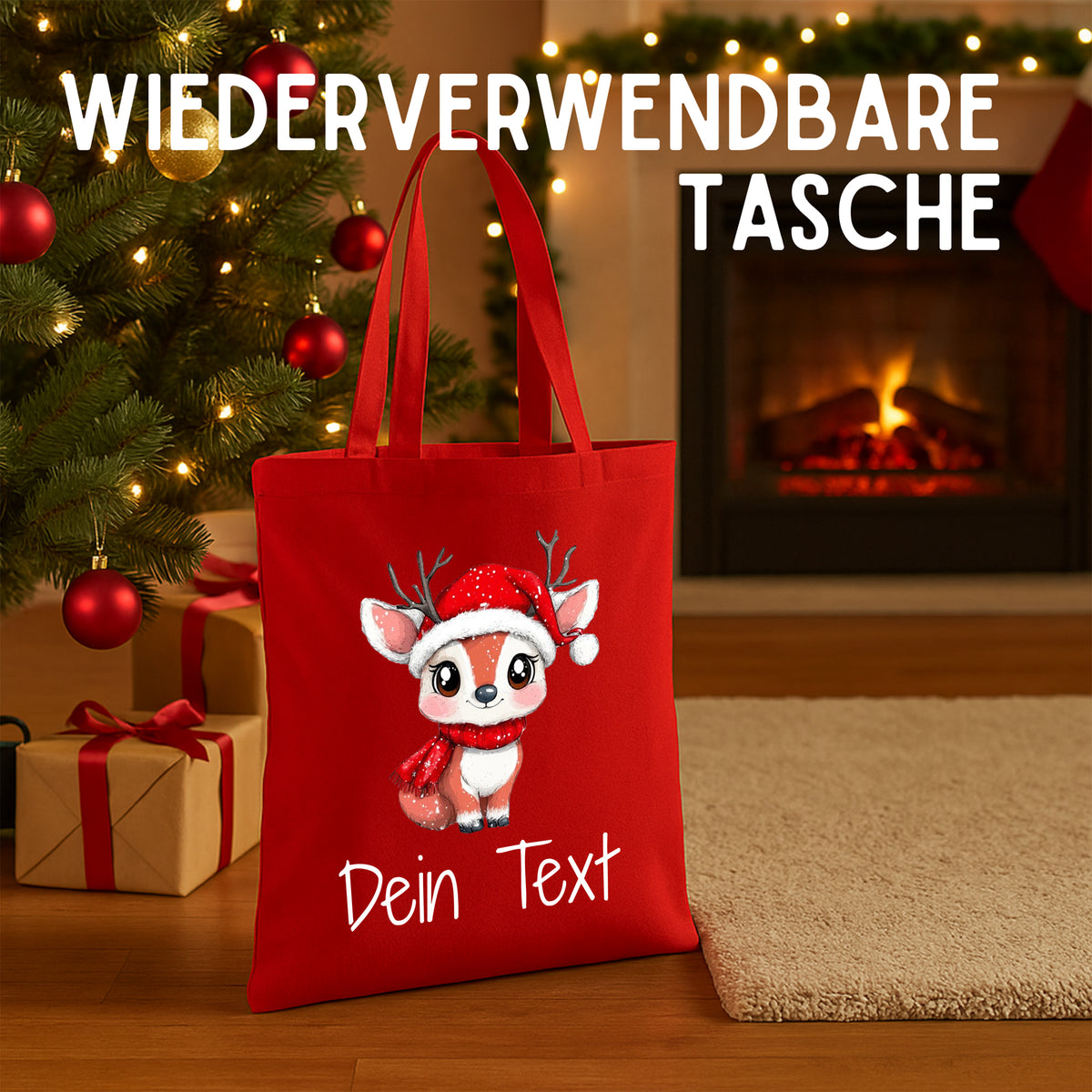 Wiederverwendbare rote Tasche mit niedlichem Weihnachtsreindeer-Motiv.