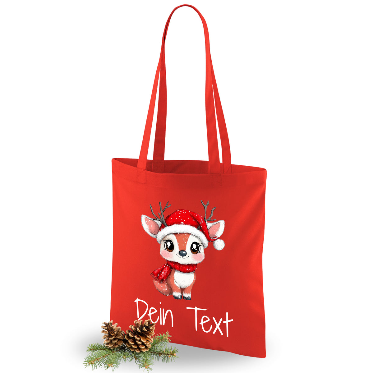 Rote Stofftasche mit niedlichem Rentier-Motiv und personalisierbarem Text.