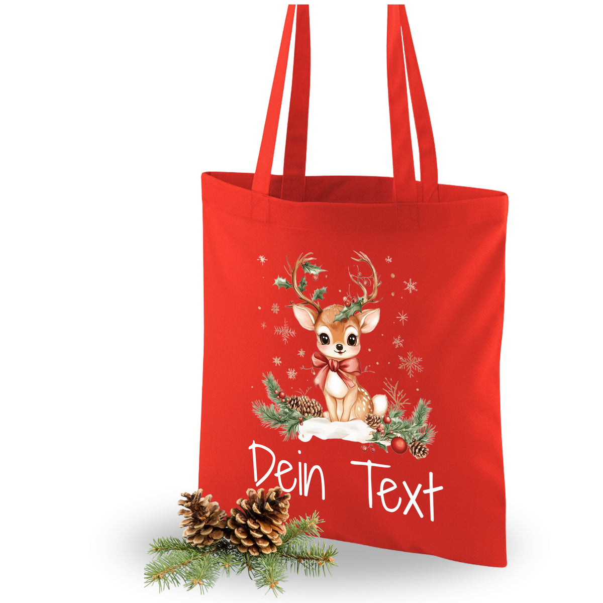 Rote Tragetasche mit Rentier-Motiv und personalisierbarem Text