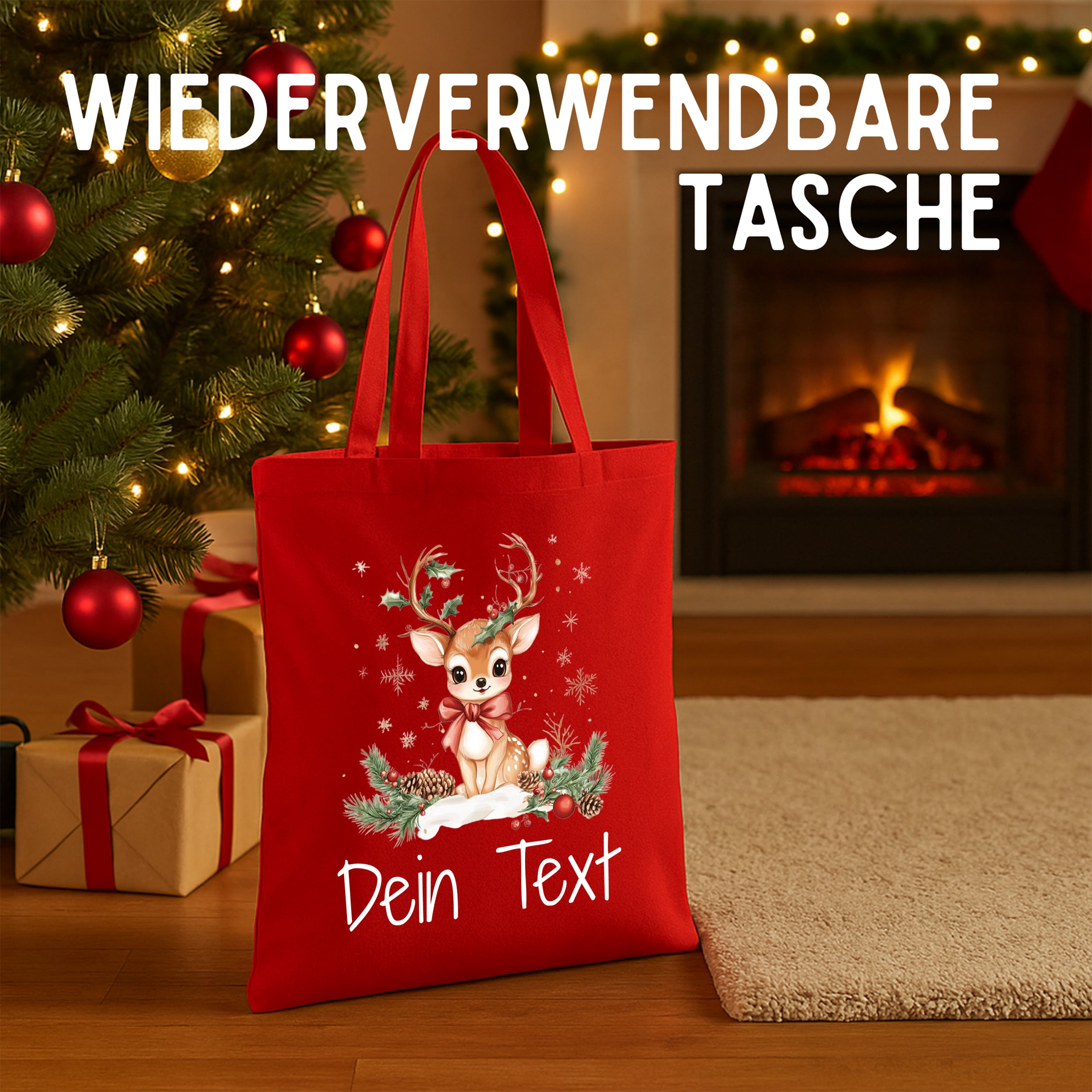 Wiederverwendbare rote Tasche mit Rentier-Motiv und personalisierbarem Text.
