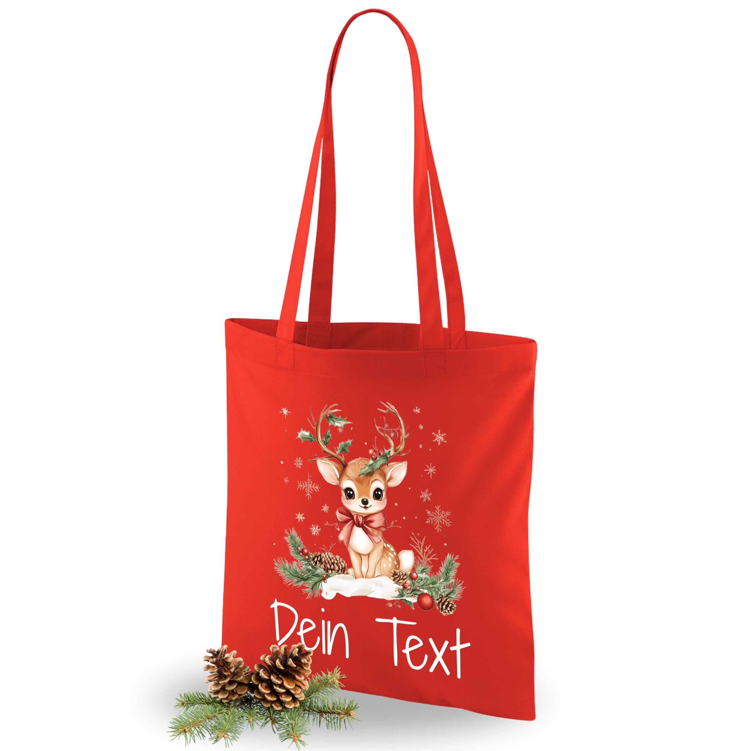 Rote Tragetasche mit niedlichem Rentier und personalisiertem Text.