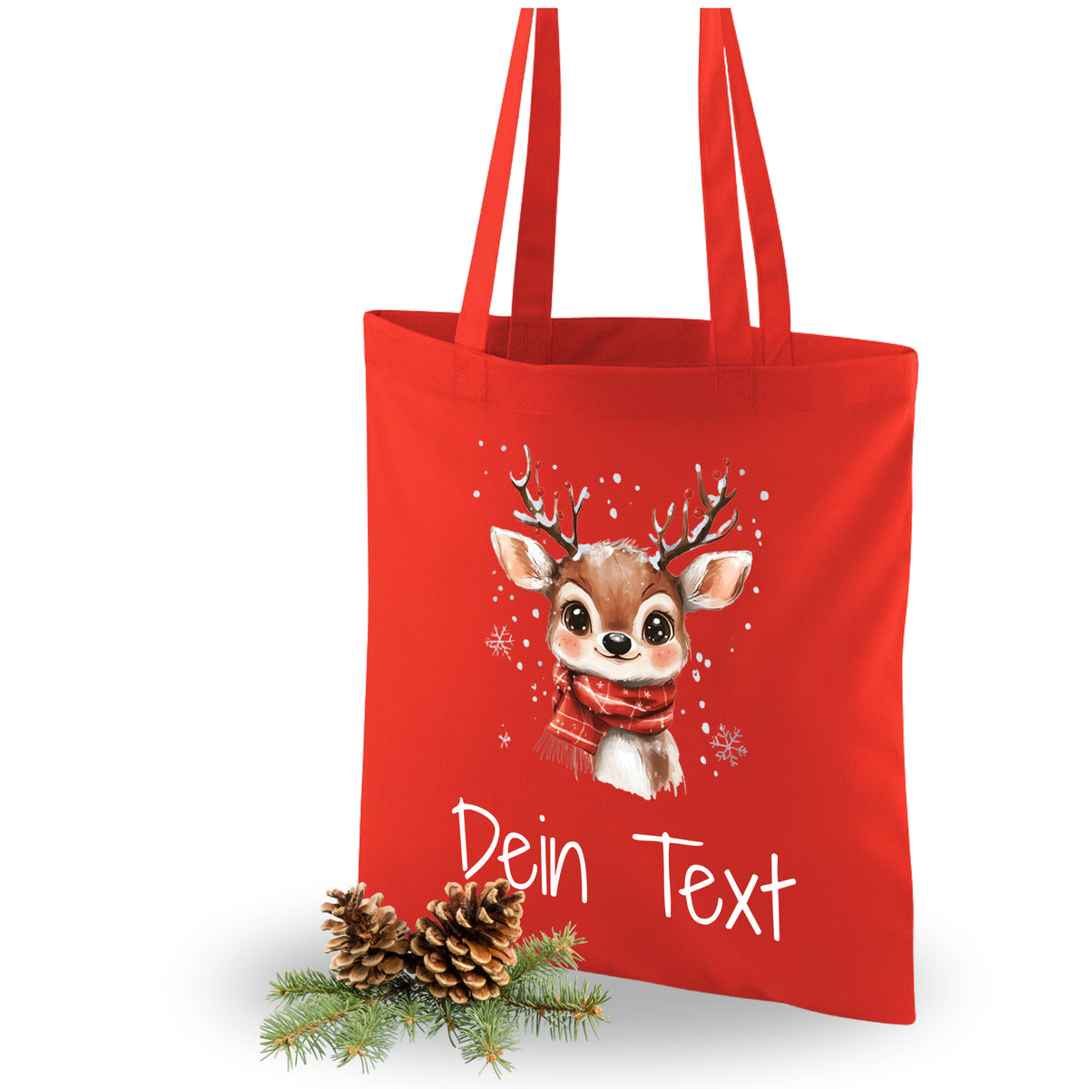Rote Tragetasche mit Rentier-Motiv und personalisierbarem Text.