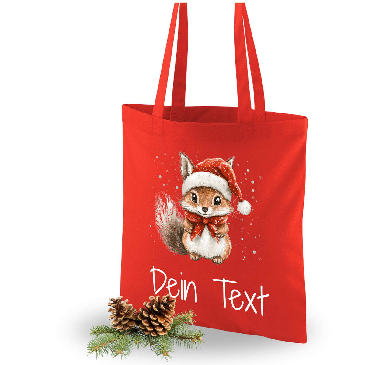 Rote Stofftasche mit Weihnachtsfuchs und personalisiertem Text.