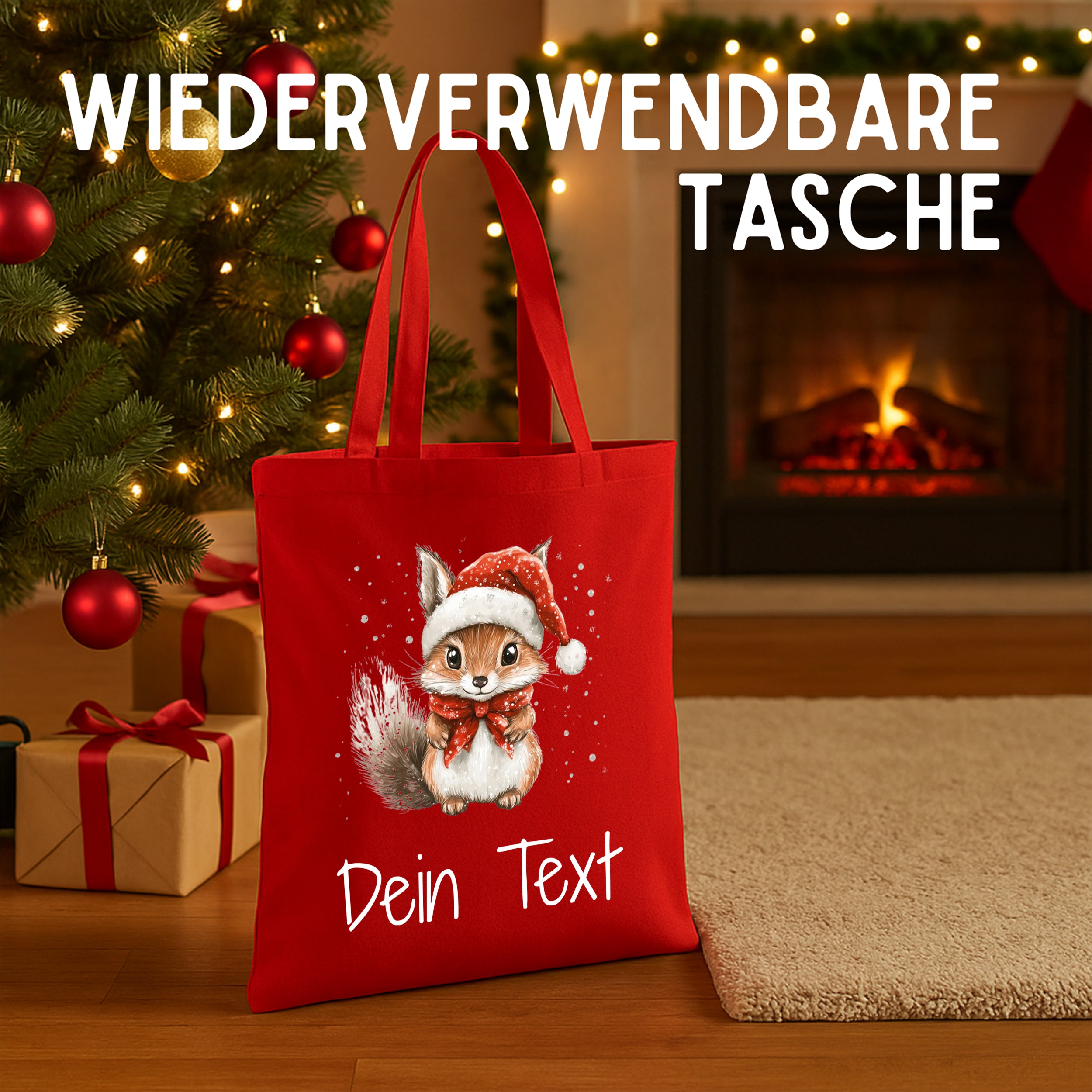 Wiederverwendbare rote Tasche mit niedlichem Weihnachts-Eichhörnchen.