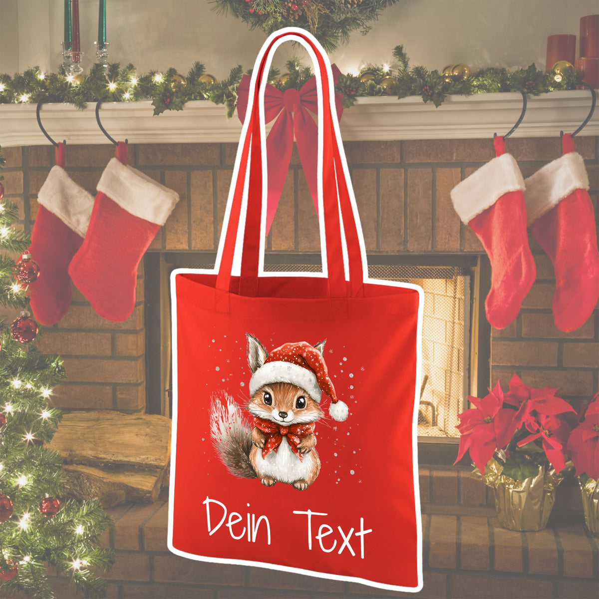 Rote Einkaufstasche mit einem süßen Weihnachtsfuchs und personalisiertem Text.