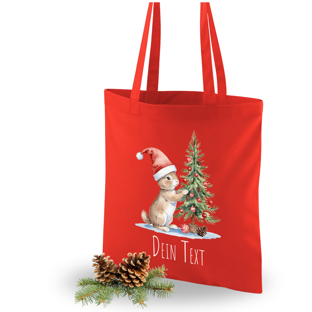 Rote Weihnachts-Tasche mit Tier und Baum-Motiv, personalisierbar.