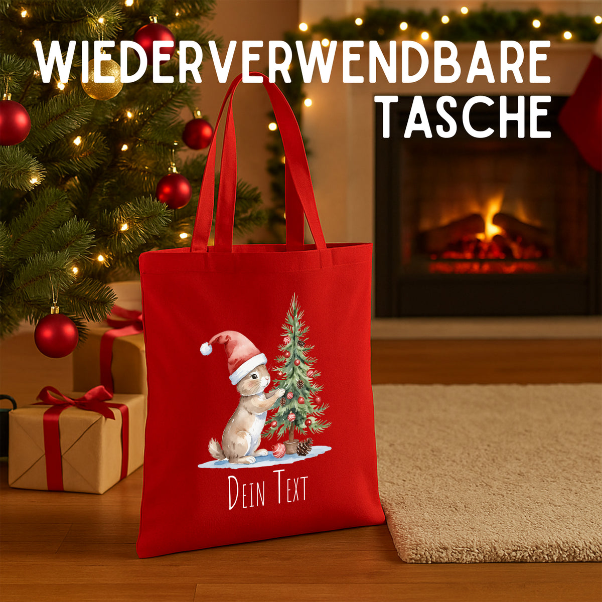 Rote wiederverwendbare Tasche mit Weihnachtsmotiv und Text.