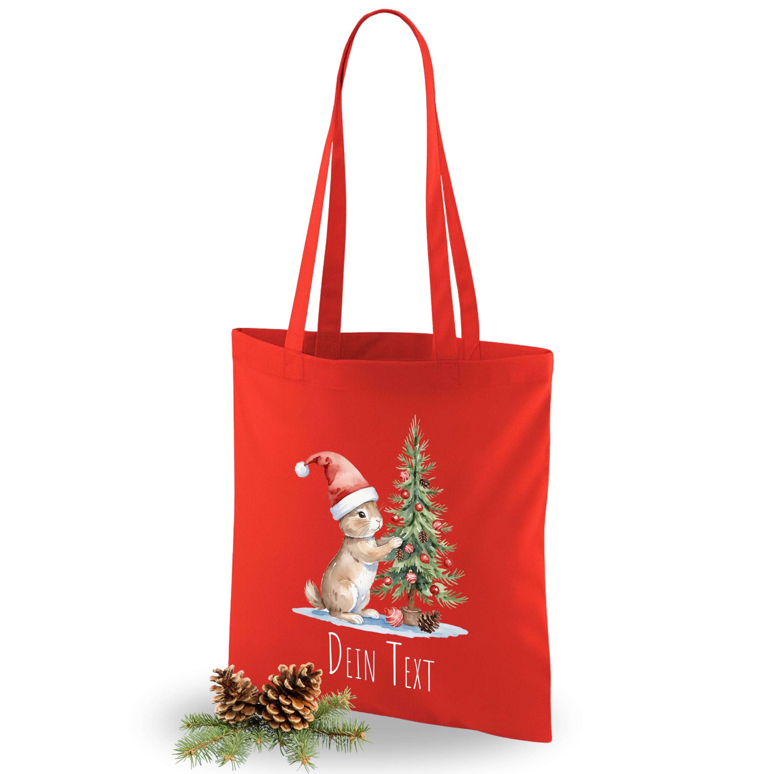 Rote Einkaufstasche mit Weihnachtsmotiv und personalisierbarem Text.